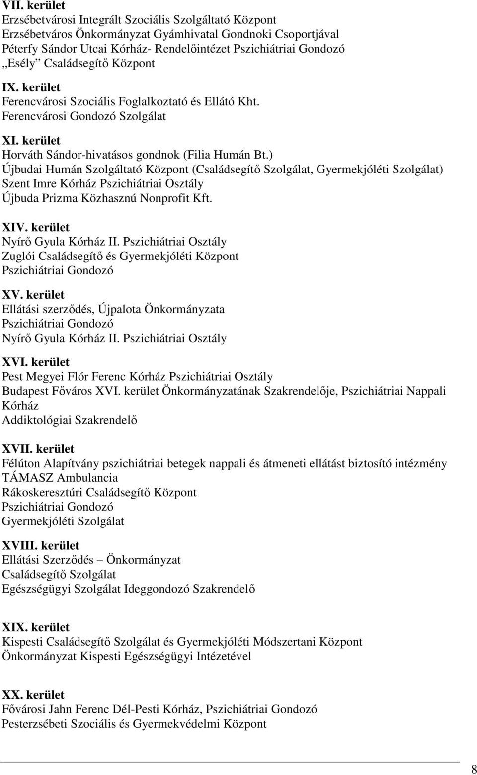 ) Újbudai Humán Szolgáltató Központ (Családsegítő Szolgálat, Gyermekjóléti Szolgálat) Szent Imre Kórház Pszichiátriai Osztály Újbuda Prizma Közhasznú Nonprofit Kft. XIV. kerület Nyírő Gyula Kórház II.