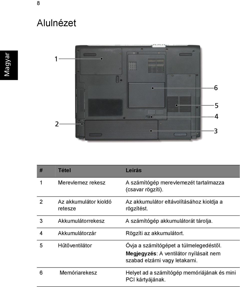 3 Akkumulátorrekesz A számítógép akkumulátorát tárolja. 4 Akkumulátorzár Rögzíti az akkumulátort.