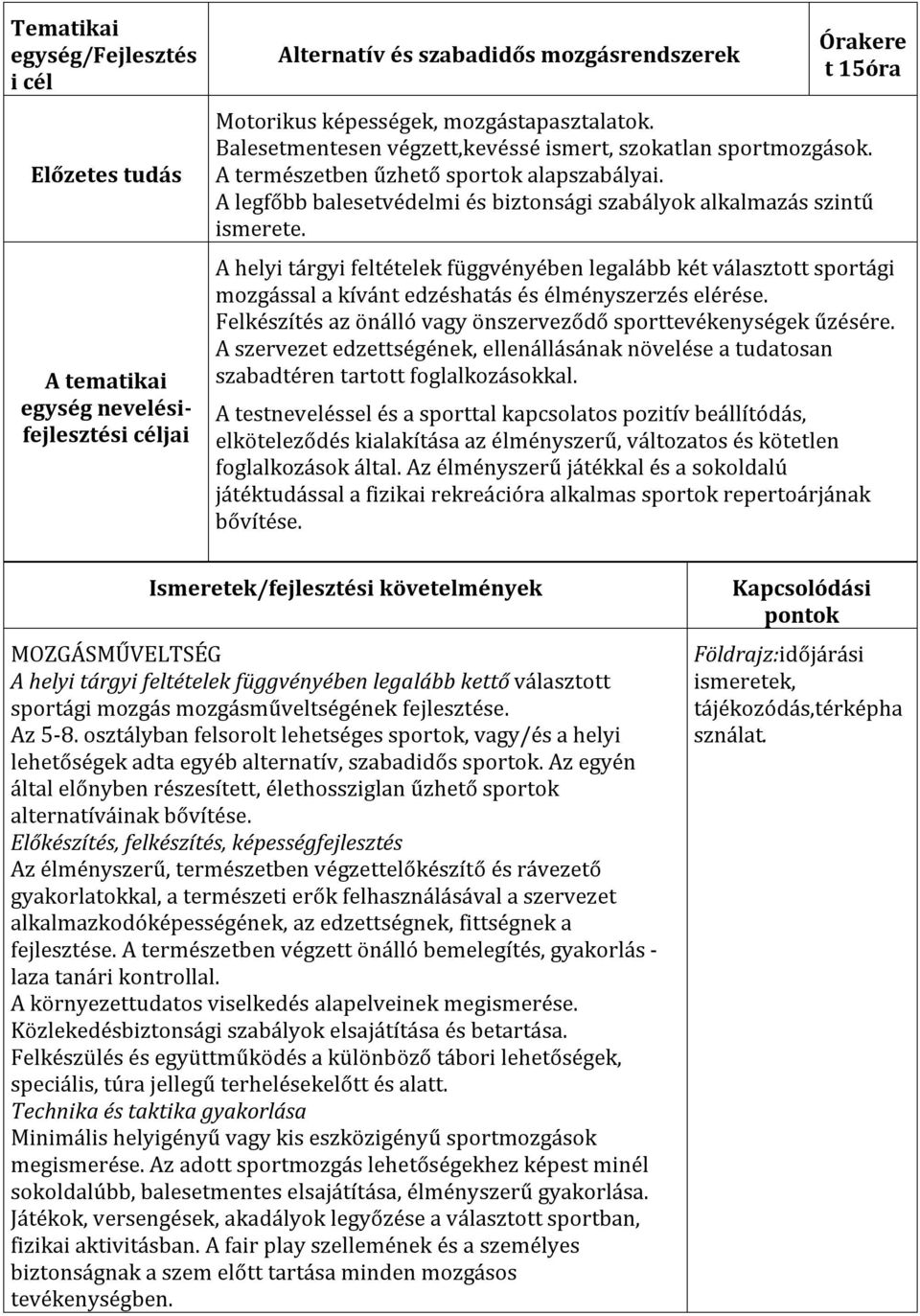 A helyi tárgyi feltételek függvényében legalább két választott sportági mozgással a kívánt edzéshatás és élményszerzés elérése. Felkészítés az önálló vagy önszerveződő sporttevékenységek űzésére.