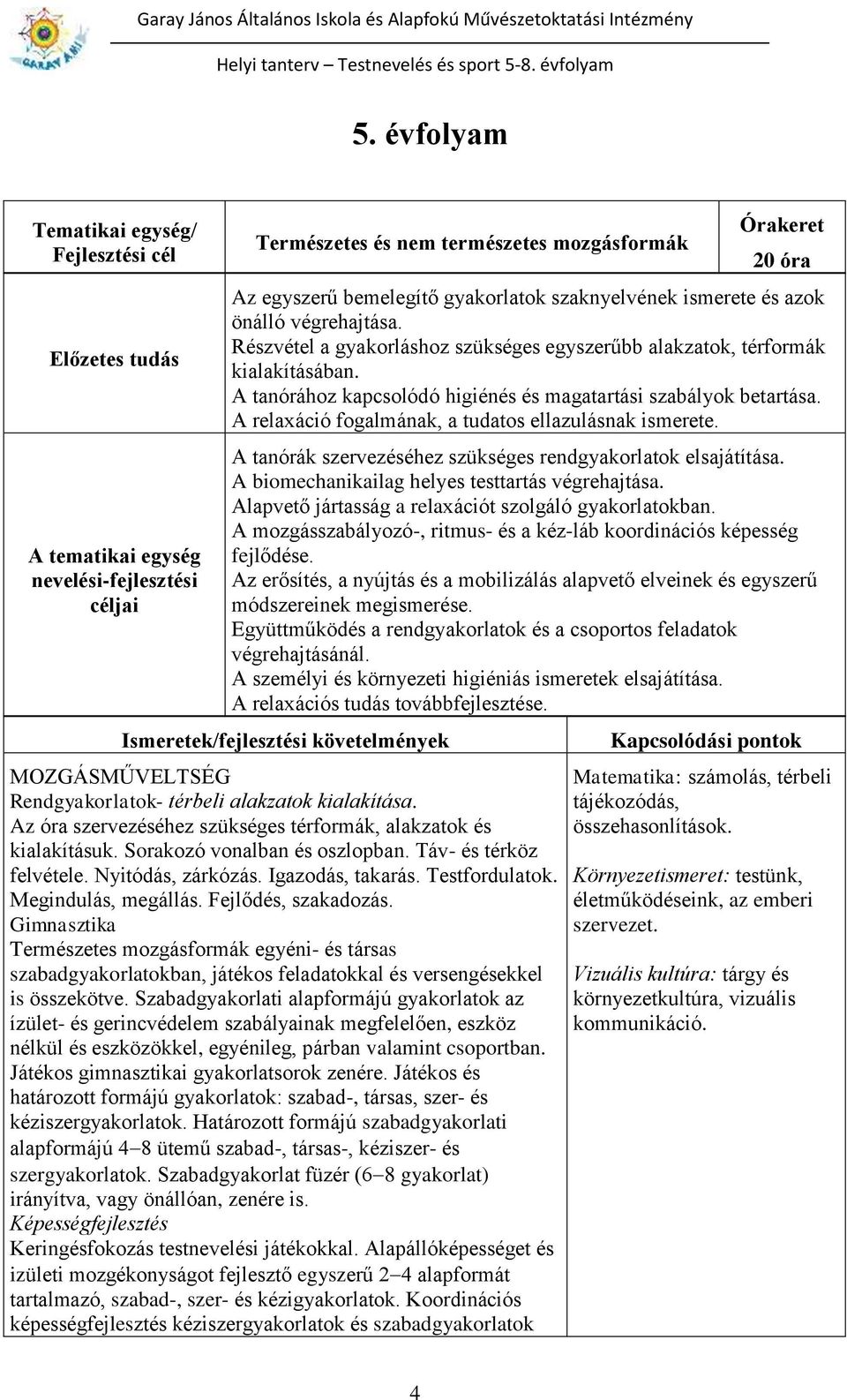 A tanórához kapcsolódó higiénés és magatartási szabályok betartása. A relaxáció fogalmának, a tudatos ellazulásnak ismerete. A tanórák szervezéséhez szükséges rendgyakorlatok elsajátítása.