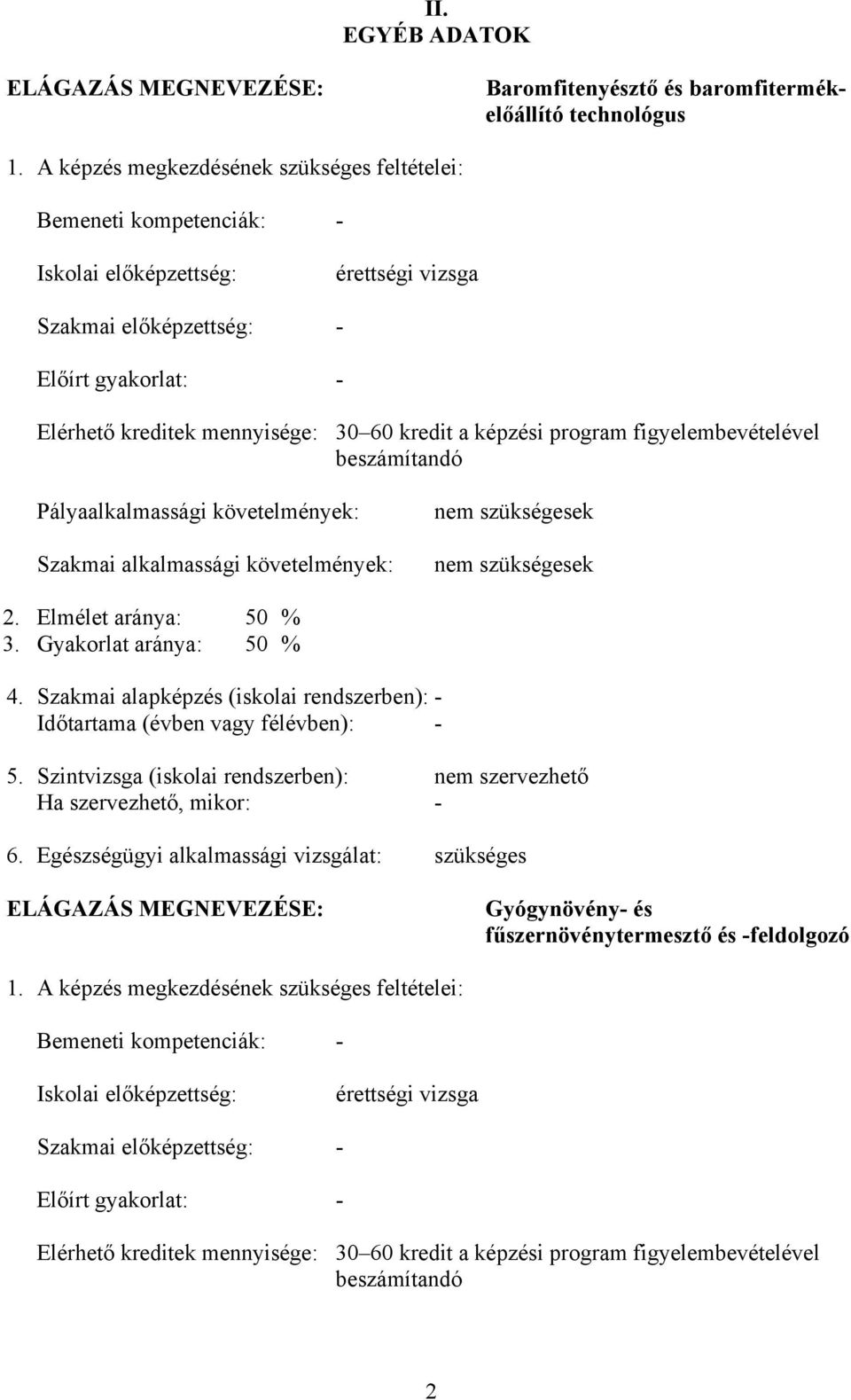 képzési program figyelembevételével beszámítandó Pályaalkalmassági követelmények: Szakmai alkalmassági követelmények: nem szükségesek nem szükségesek 2. Elmélet aránya: 50 % 3.