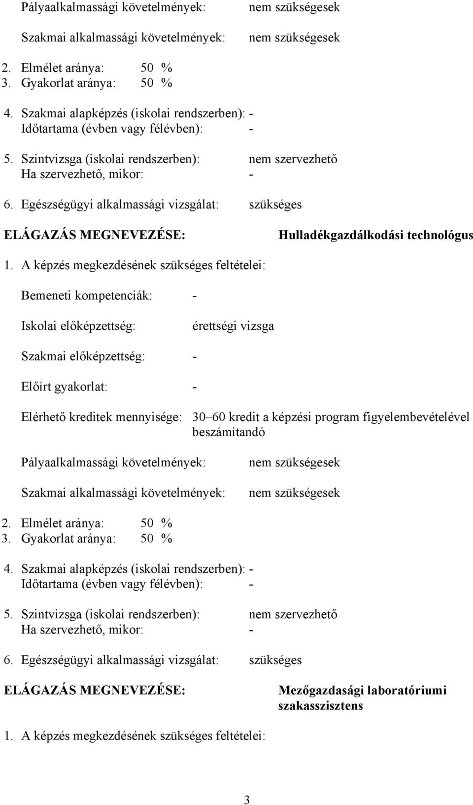 Egészségügyi alkalmassági vizsgálat: szükséges ELÁGAZÁS MEGNEVEZÉSE: Hulladékgazdálkodási technológus 1.