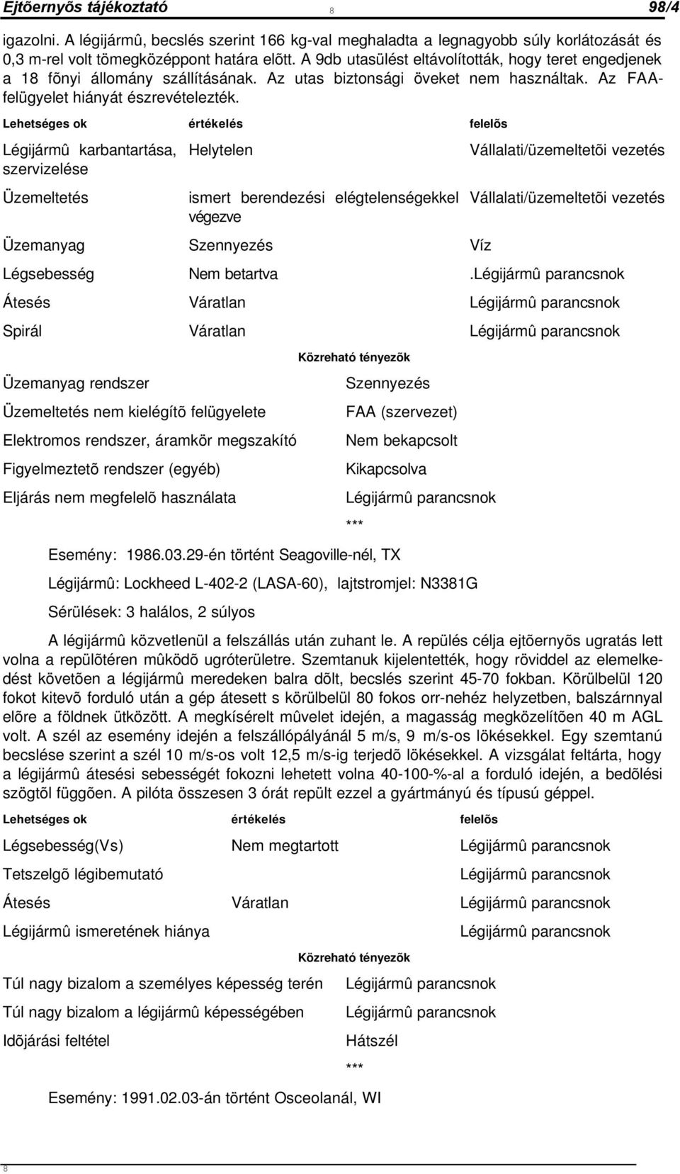 Lehetséges ok értékelés felelõs Légijármû karbantartása, szervizelése Helytelen Vállalati/üzemeltetõi vezetés Üzemeltetés ismert berendezési elégtelenségekkel végezve Üzemanyag Szennyezés Víz