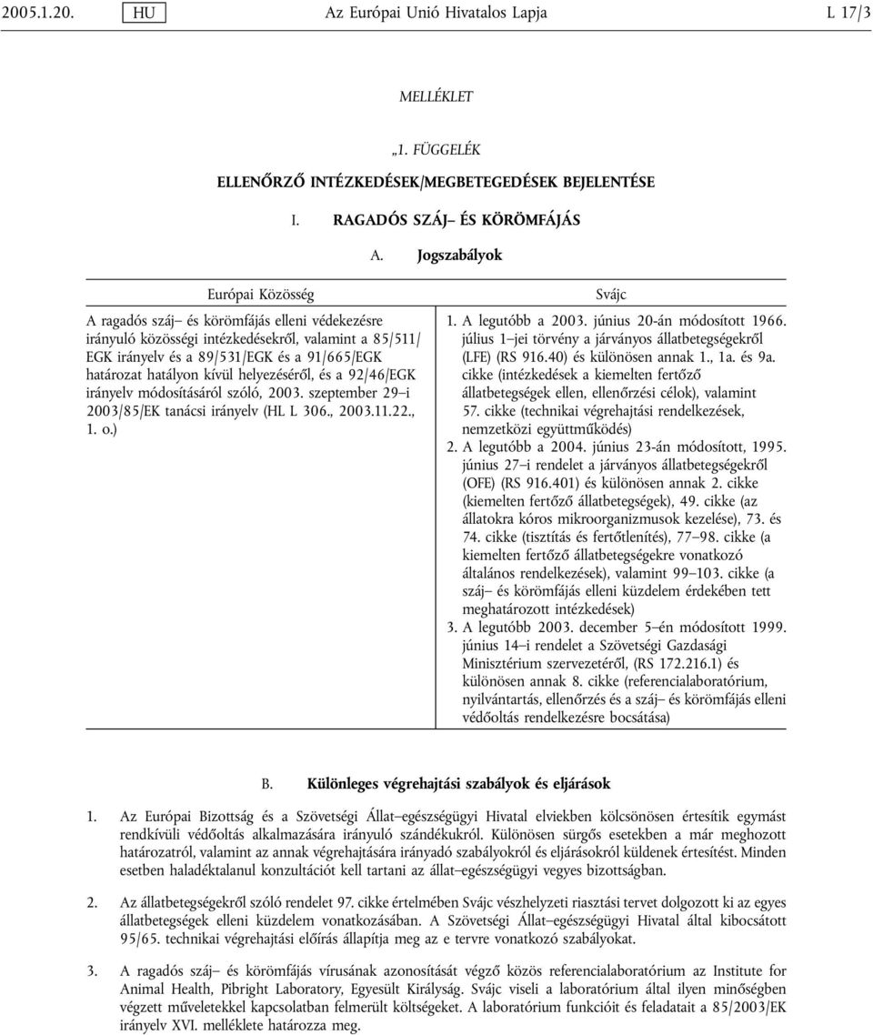 kívül helyezéséről, és a 92/46/EGK irányelv módosításáról szóló, 2003. szeptember 29 i 2003/85/EK tanácsi irányelv (HL L 306., 2003.11.22., 1. o.) Svájc 1. A legutóbb a 2003.