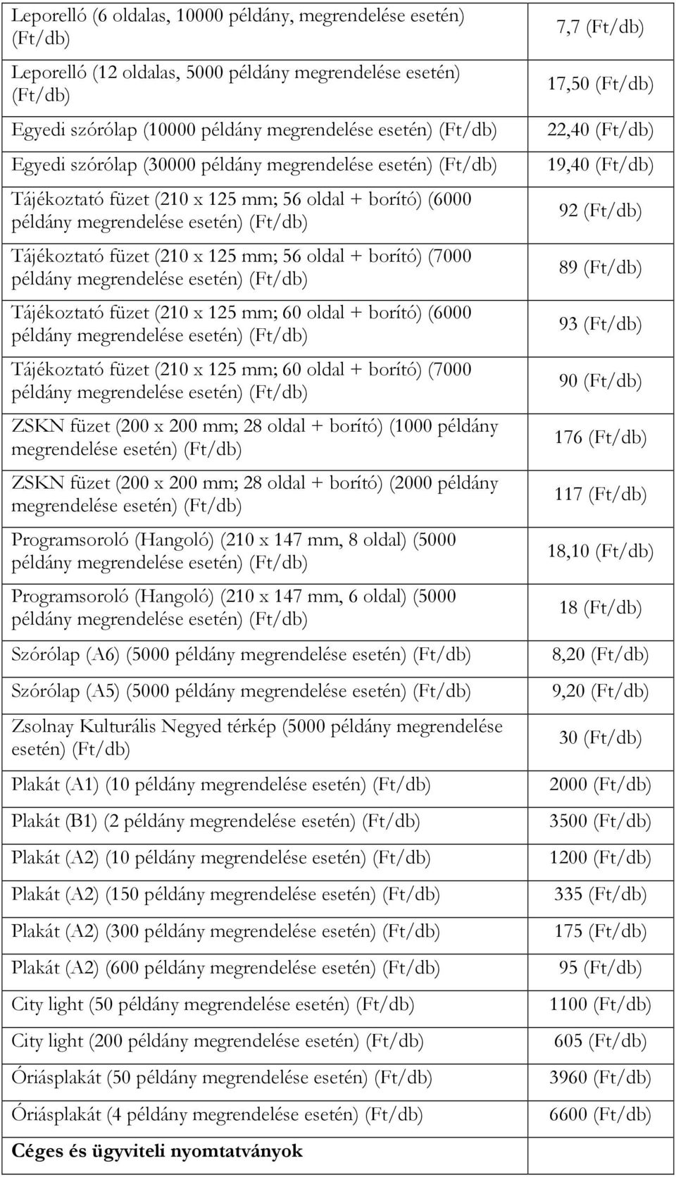 (7000 példány megrendelése esetén) (Ft/db) Tájékoztató füzet (210 x 125 mm; 60 oldal + borító) (6000 példány megrendelése esetén) (Ft/db) Tájékoztató füzet (210 x 125 mm; 60 oldal + borító) (7000