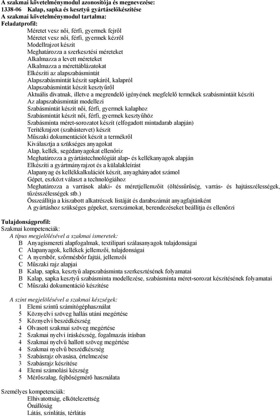 Alapszabásmintát készít sapkáról, kalapról Alapszabásmintát készít kesztyűről Aktuális divatnak, illetve a megrendelő igényének megfelelő termékek szabásmintáit készíti Az alapszabásmintát modellezi