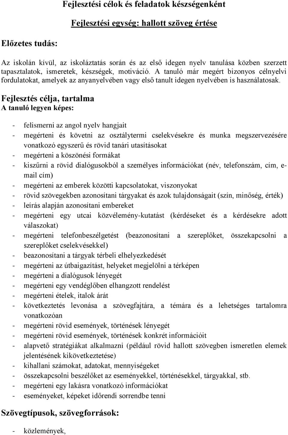 Fejlesztés célja, tartalma A tanuló legyen képes: - felismerni az angol nyelv hangjait - megérteni és követni az osztálytermi cselekvésekre és munka megszervezésére vonatkozó egyszerű és rövid tanári