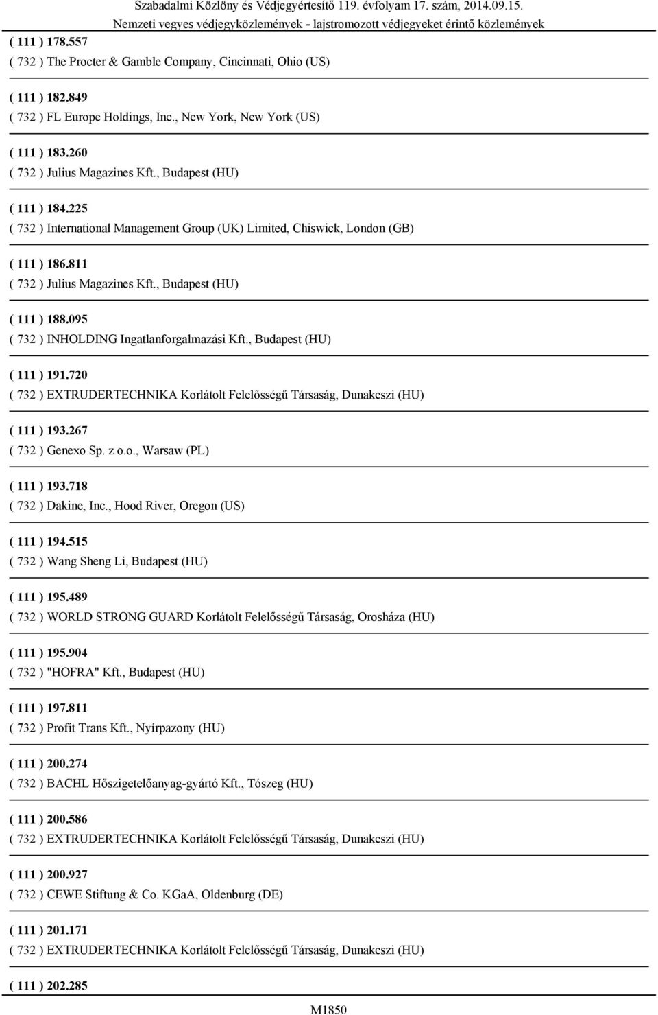 , Budapest (HU) ( 111 ) 188.095 ( 732 ) INHOLDING Ingatlanforgalmazási Kft., Budapest (HU) ( 111 ) 191.720 ( 111 ) 193.267 ( 732 ) Genexo Sp. z o.o., Warsaw (PL) ( 111 ) 193.718 ( 732 ) Dakine, Inc.