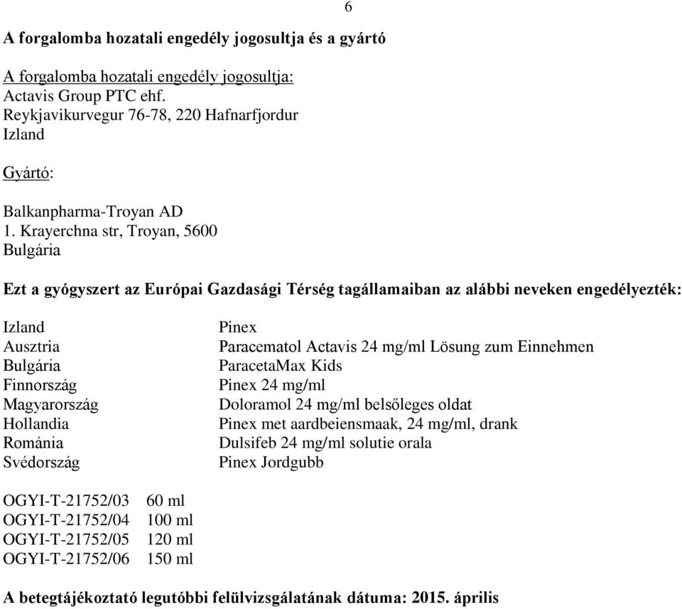 Krayerchna str, Troyan, 5600 Bulgária 6 Ezt a gyógyszert az Európai Gazdasági Térség tagállamaiban az alábbi neveken engedélyezték: Izland Ausztria Bulgária Finnország Magyarország Hollandia