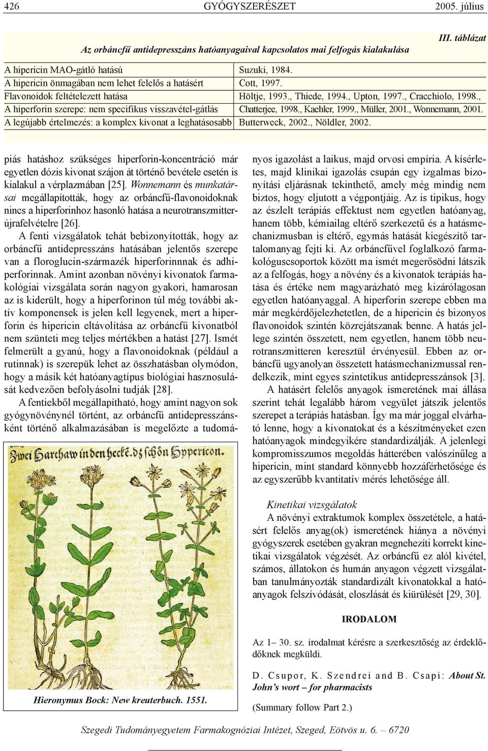 , A hiperforin szerepe: nem specifikus visszavétel-gátlás Chatterjee, 1998., Kaehler, 1999., Müller, 2001., Wonnemann, 2001. A legújabb értelmezés: a komplex kivonat a leghatásosabb Butterweck, 2002.