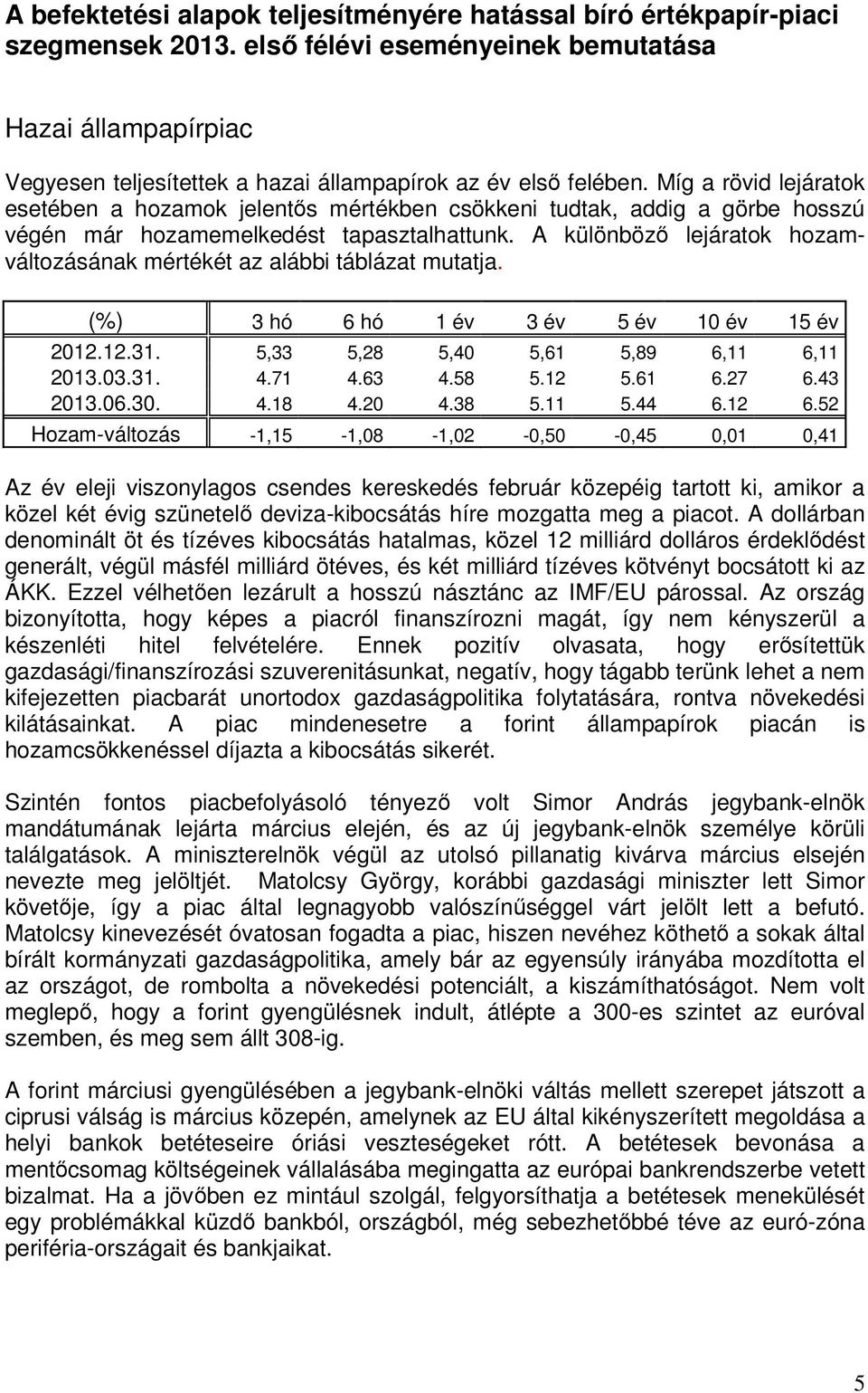 A különbözı lejáratok hozamváltozásának mértékét az alábbi táblázat mutatja. (%) 3 hó 6 hó 1 év 3 év 5 év 10 év 15 év 2012.12.31. 5,33 5,28 5,40 5,61 5,89 6,11 6,11 2013.03.31. 4.71 4.63 4.58 5.12 5.