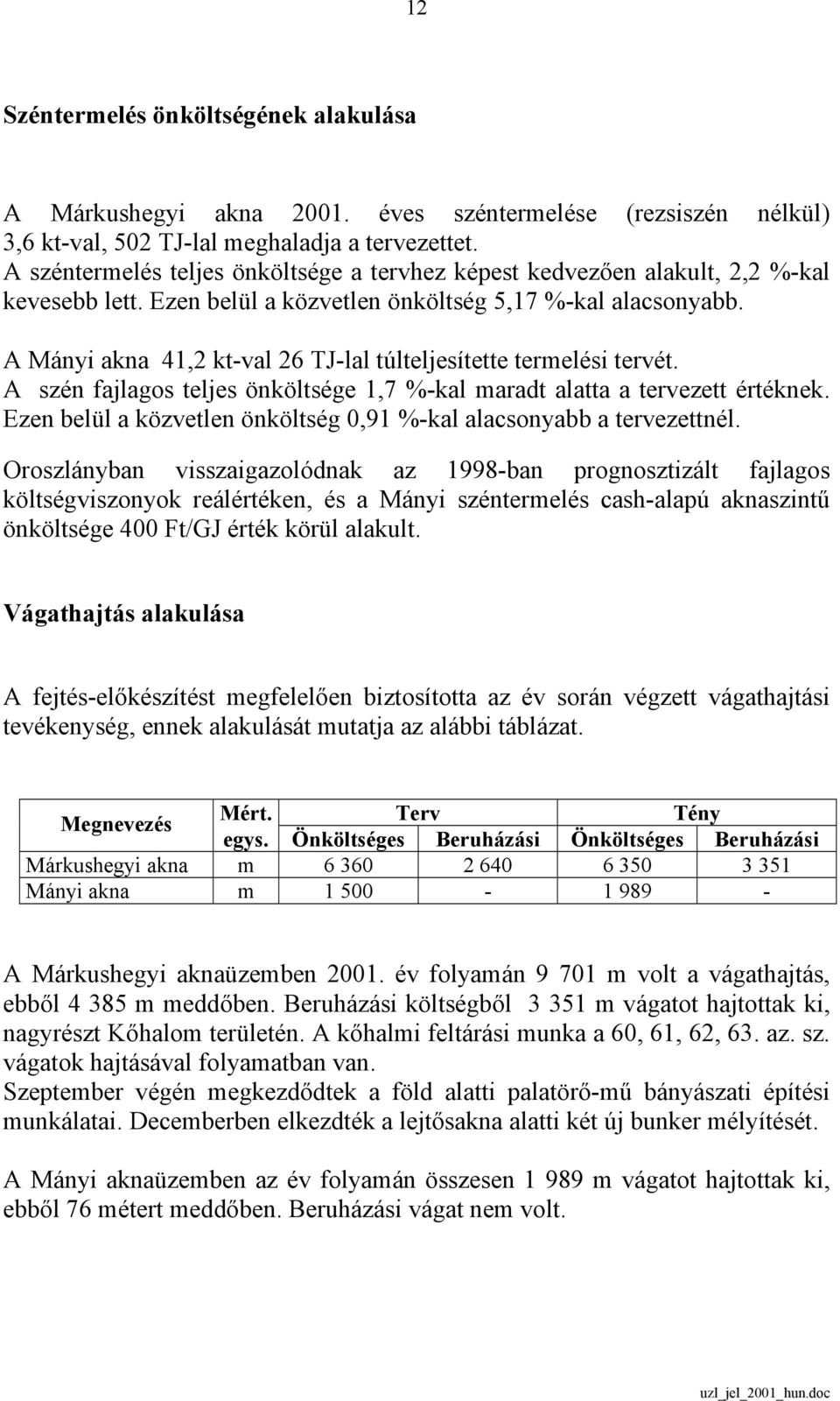 A Mányi akna 41,2 kt-val 26 TJ-lal túlteljesítette termelési tervét. A szén fajlagos teljes önköltsége 1,7 %-kal maradt alatta a tervezett értéknek.