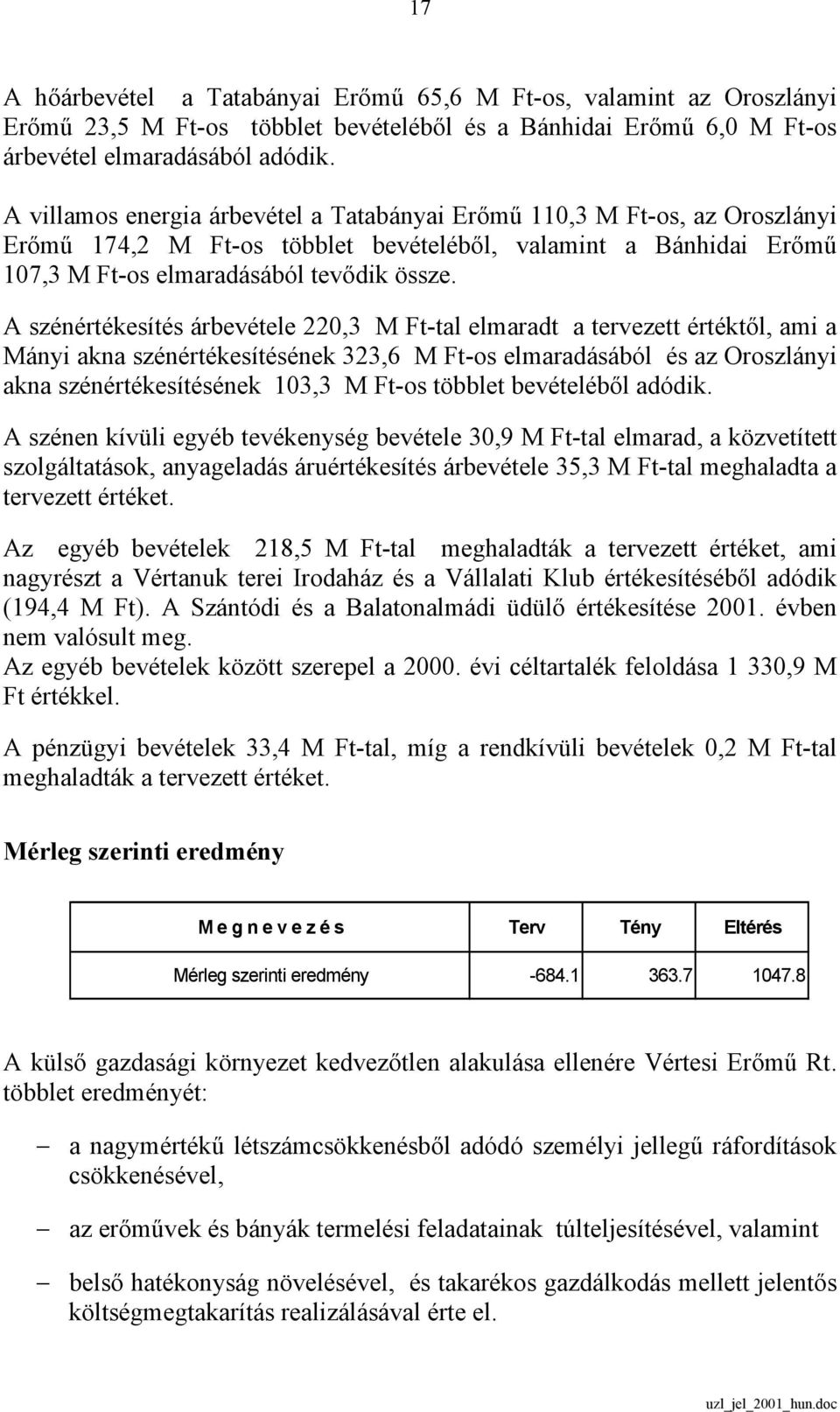 A szénértékesítés árbevétele 220,3 M Ft-tal elmaradt a tervezett értéktől, ami a Mányi akna szénértékesítésének 323,6 M Ft-os elmaradásából és az Oroszlányi akna szénértékesítésének 103,3 M Ft-os