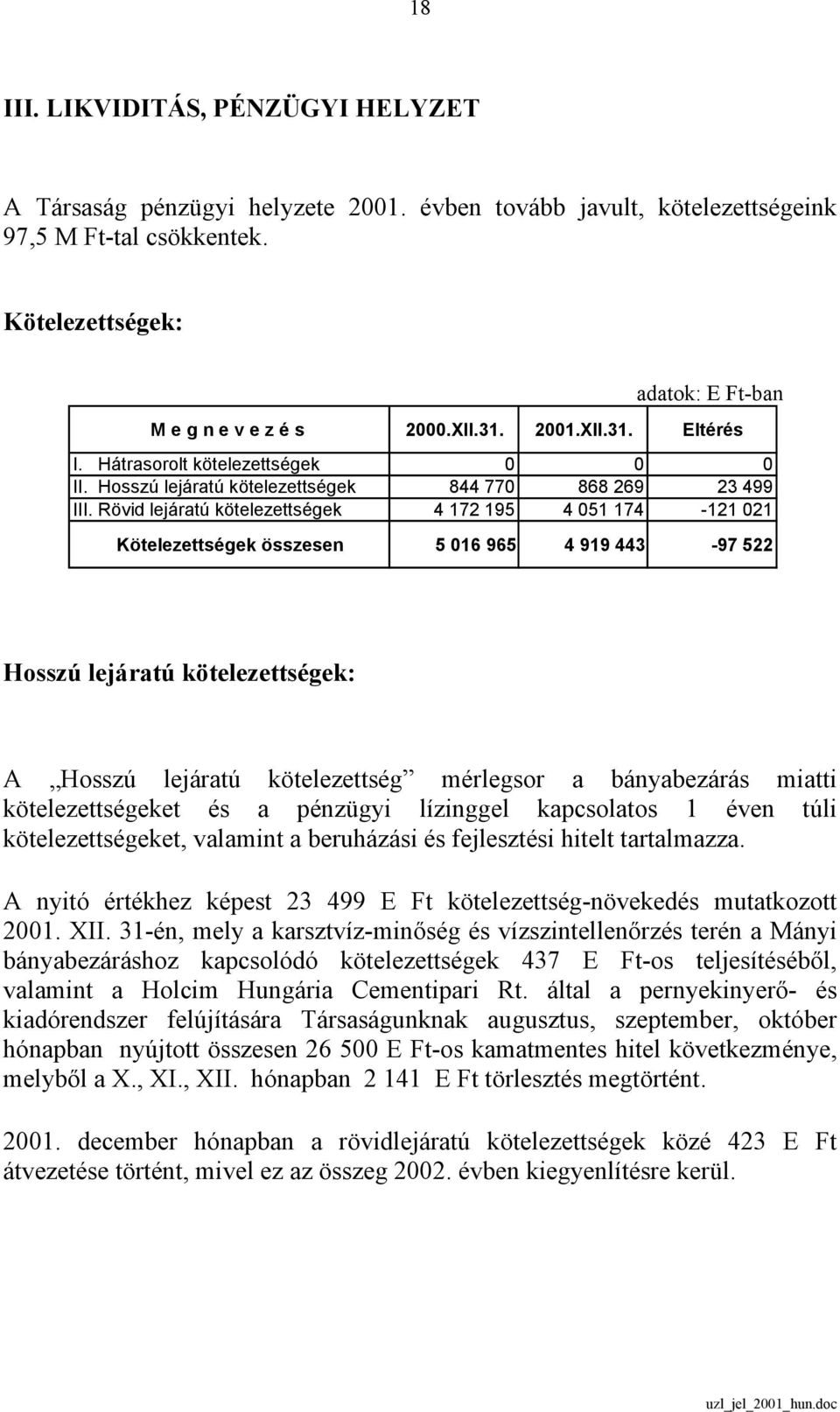 Rövid lejáratú kötelezettségek 4 172 195 4 051 174-121 021 Kötelezettségek összesen 5 016 965 4 919 443-97 522 Hosszú lejáratú kötelezettségek: A Hosszú lejáratú kötelezettség mérlegsor a