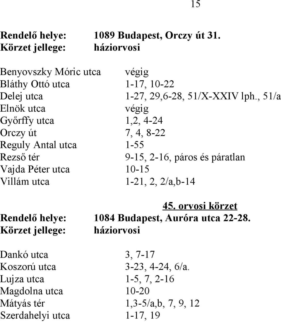 , 51/a Elnök utca Győrffy utca 1,2, 4-24 Orczy út 7, 4, 8-22 Reguly Antal utca 1-55 Rezső tér 9-15, 2-16, páros és páratlan Vajda