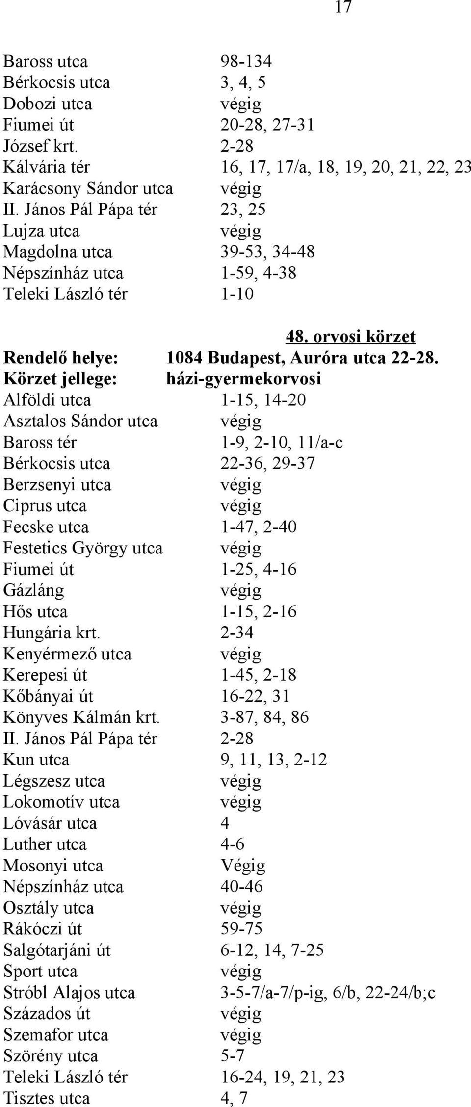 Körzet jellege: házi-gyermekorvosi Alföldi utca 1-15, 14-20 Asztalos Sándor utca Baross tér 1-9, 2-10, 11/a-c Bérkocsis utca 22-36, 29-37 Berzsenyi utca Ciprus utca Fecske utca 1-47, 2-40 Festetics