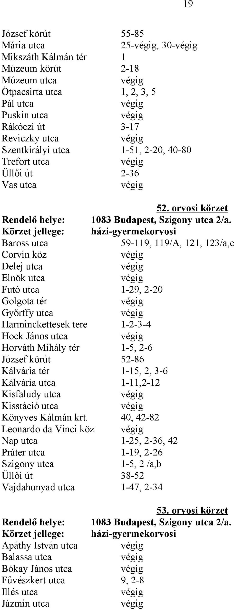 Körzet jellege: házi-gyermekorvosi Baross utca 59-119, 119/A, 121, 123/a,c Corvin köz Delej utca Elnök utca Futó utca 1-29, 2-20 Golgota tér Győrffy utca Harminckettesek tere 1-2-3-4 Hock János utca