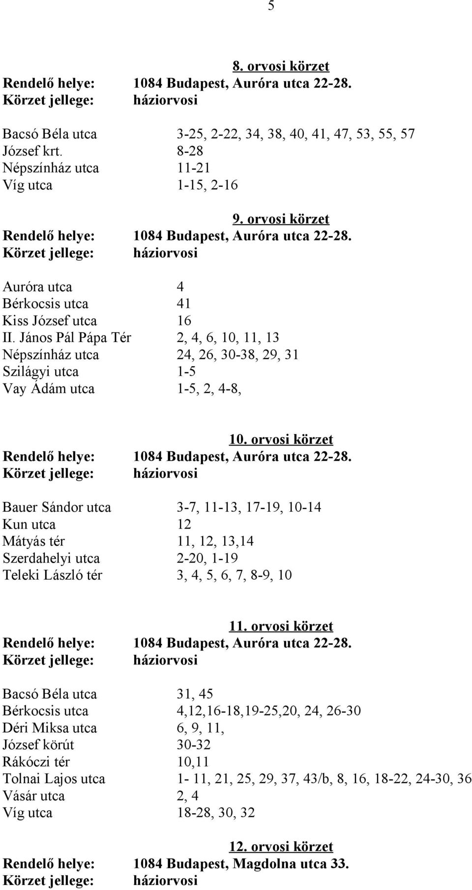 János Pál Pápa Tér 2, 4, 6, 10, 11, 13 Népszínház utca 24, 26, 30-38, 29, 31 Szilágyi utca 1-5 Vay Ádám utca 1-5, 2, 4-8, 10. orvosi körzet Rendelő helye: 1084 Budapest, Auróra utca 22-28.