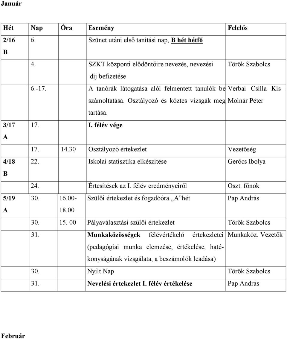 30 Osztályozó értekezlet Vezetőség 4/18 22. Iskolai statisztika elkészítése Gerőcs Ibolya B 24. Értesítések az I. félév eredményeiről Oszt. főnök 5/19 30. 16.