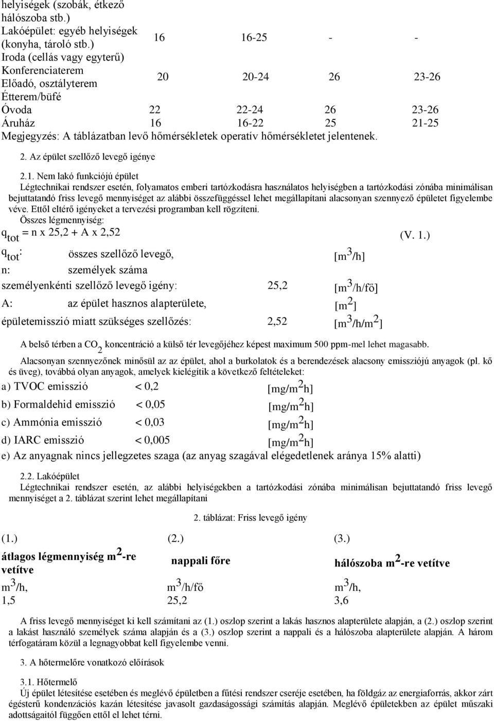 hőmérsékletek operatív hőmérsékletet jelentenek. 2. Az épület szellőző levegő igénye 2.1.