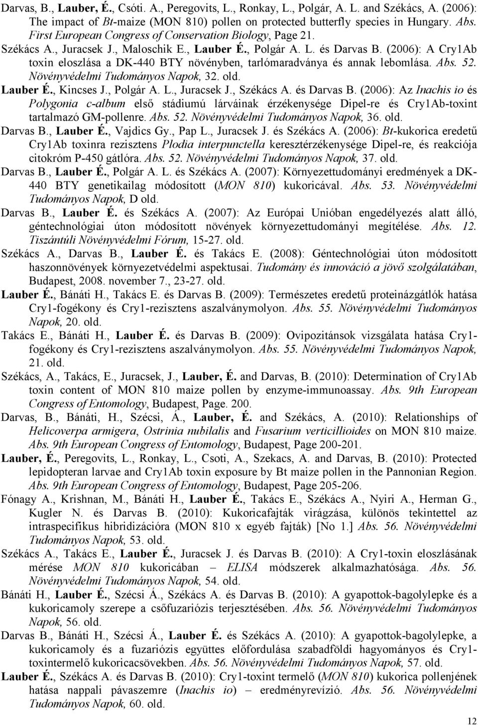 (2006): A Cry1Ab toxin eloszlása a DK-440 BTY növényben, tarlómaradványa és annak lebomlása. Abs. 52. Növényvédelmi Tudományos Napok, 32. old. Lauber É., Kincses J., Polgár A. L., Juracsek J.