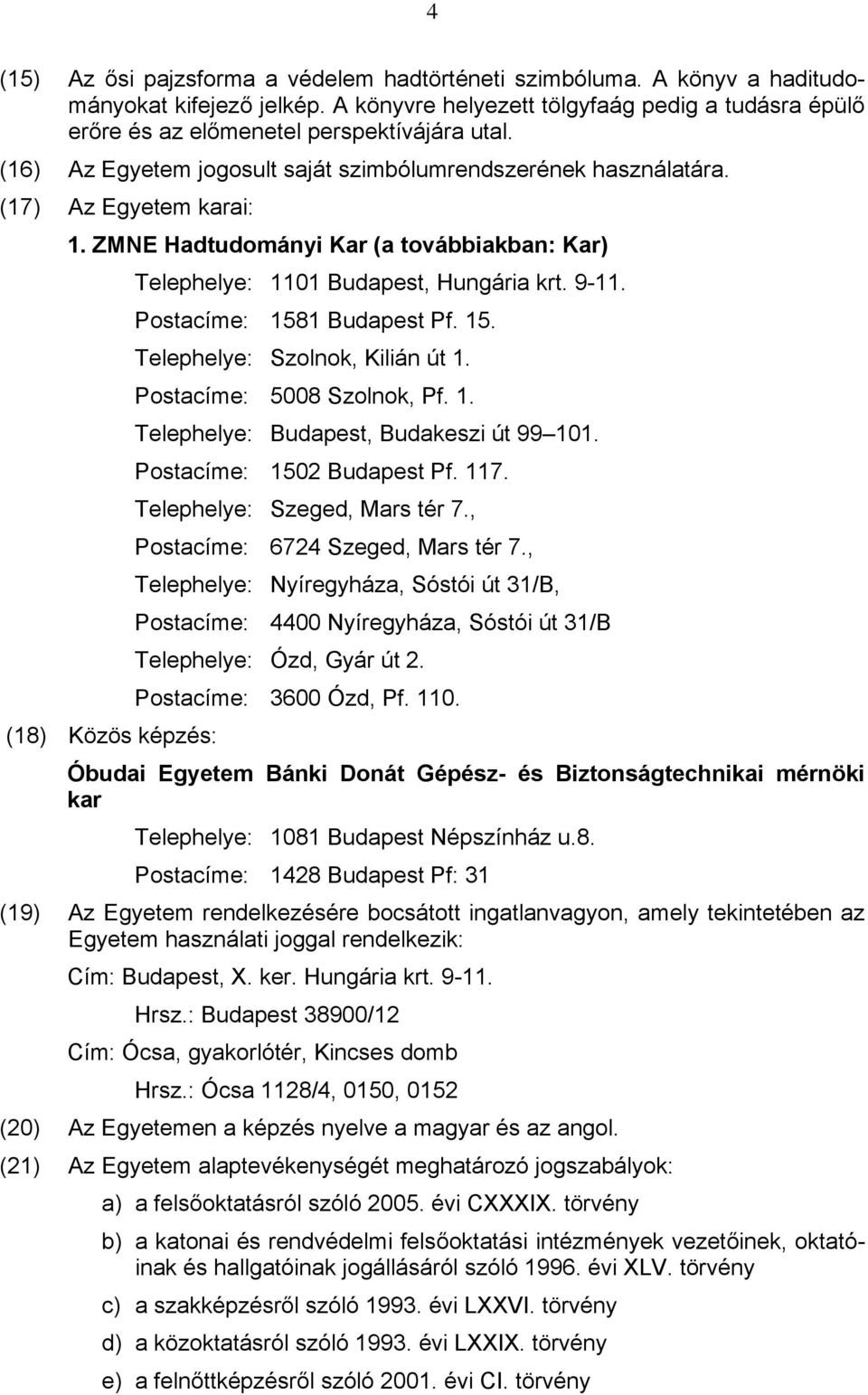 Postacíme: 1581 Budapest Pf. 15. Telephelye: Szolnok, Kilián út 1. Postacíme: 5008 Szolnok, Pf. 1. Telephelye: Budapest, Budakeszi út 99 101. Postacíme: 1502 Budapest Pf. 117.