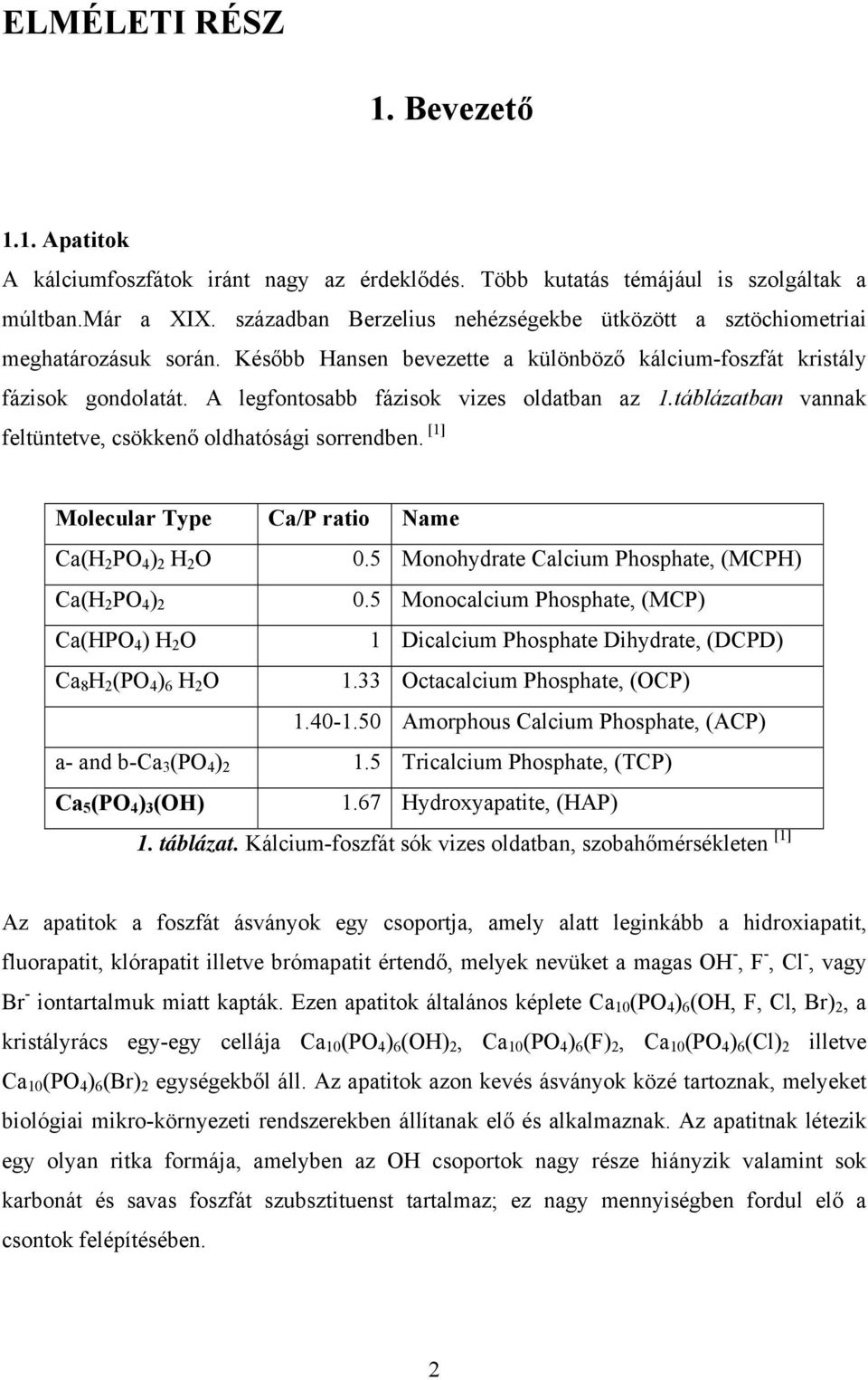 A legfontosabb fázisok vizes oldatban az 1.táblázatban vannak feltüntetve, csökkenő oldhatósági sorrendben. [1] Molecular Type Ca/P ratio Name Ca(H 2 PO 4 ) 2 H 2 O 0.