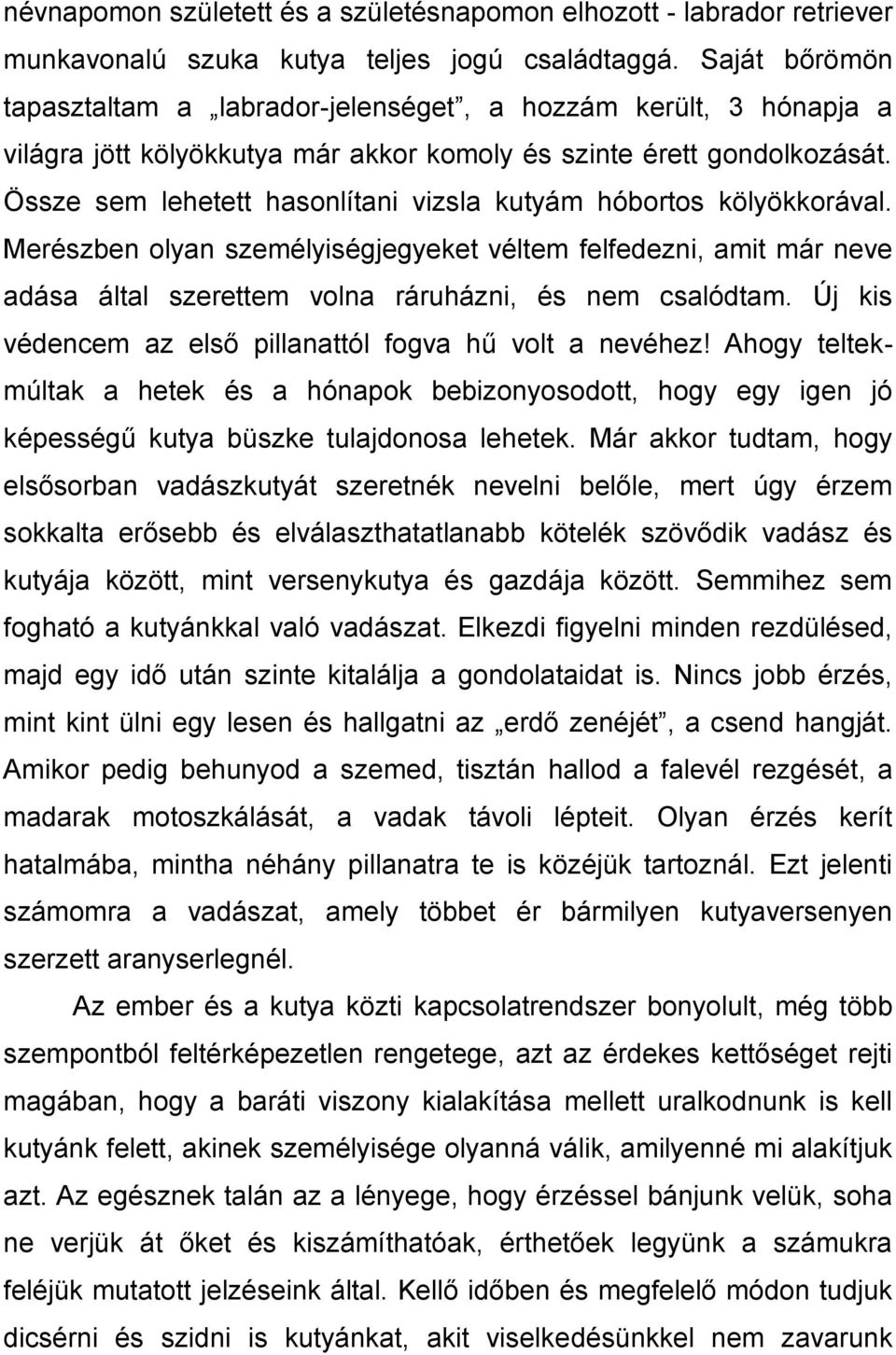 Össze sem lehetett hasonlítani vizsla kutyám hóbortos kölyökkorával. Merészben olyan személyiségjegyeket véltem felfedezni, amit már neve adása által szerettem volna ráruházni, és nem csalódtam.