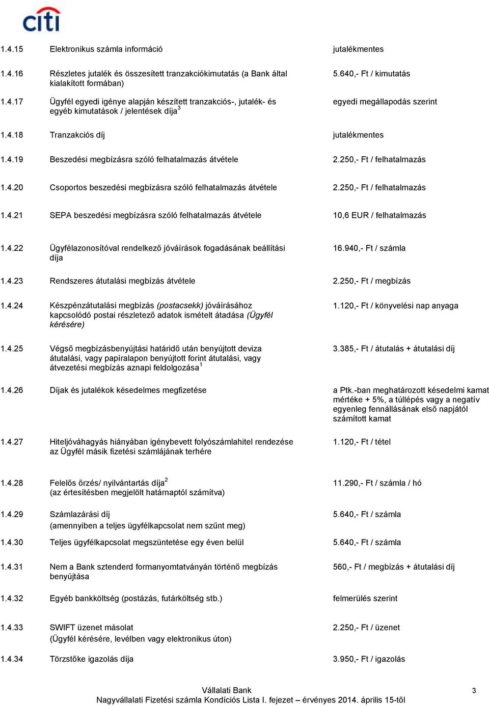 250,- Ft / felhatalmazás 1.4.21 SEPA beszedési megbízásra szóló felhatalmazás átvétele 10,6 EUR / felhatalmazás 1.4.22 Ügyfélazonosítóval rendelkező jóváírások fogadásának beállítási díja 16.