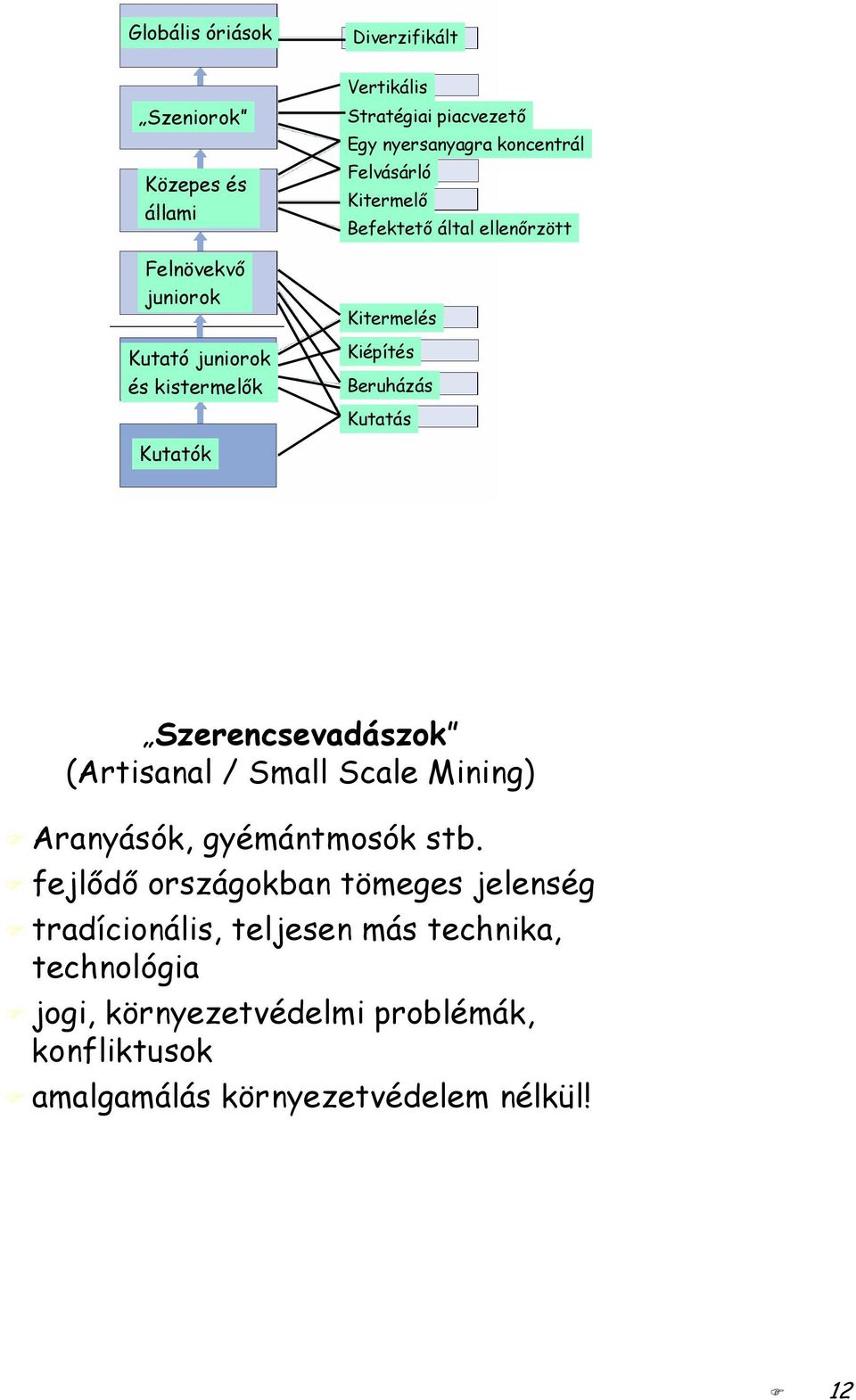 Kutatás Kutatók Szerencsevadászok (Artisanal / Small Scale Mining) Aranyásók, gyémántmosók stb.