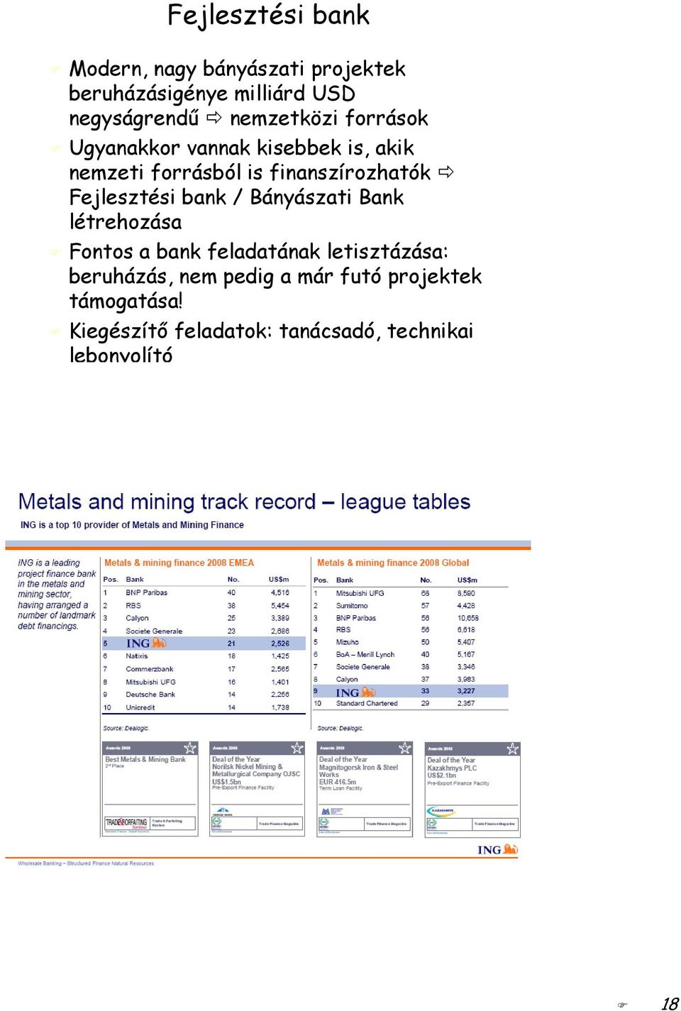 Fejlesztési bank / Bányászati Bank létrehozása Fontos a bank feladatának letisztázása: