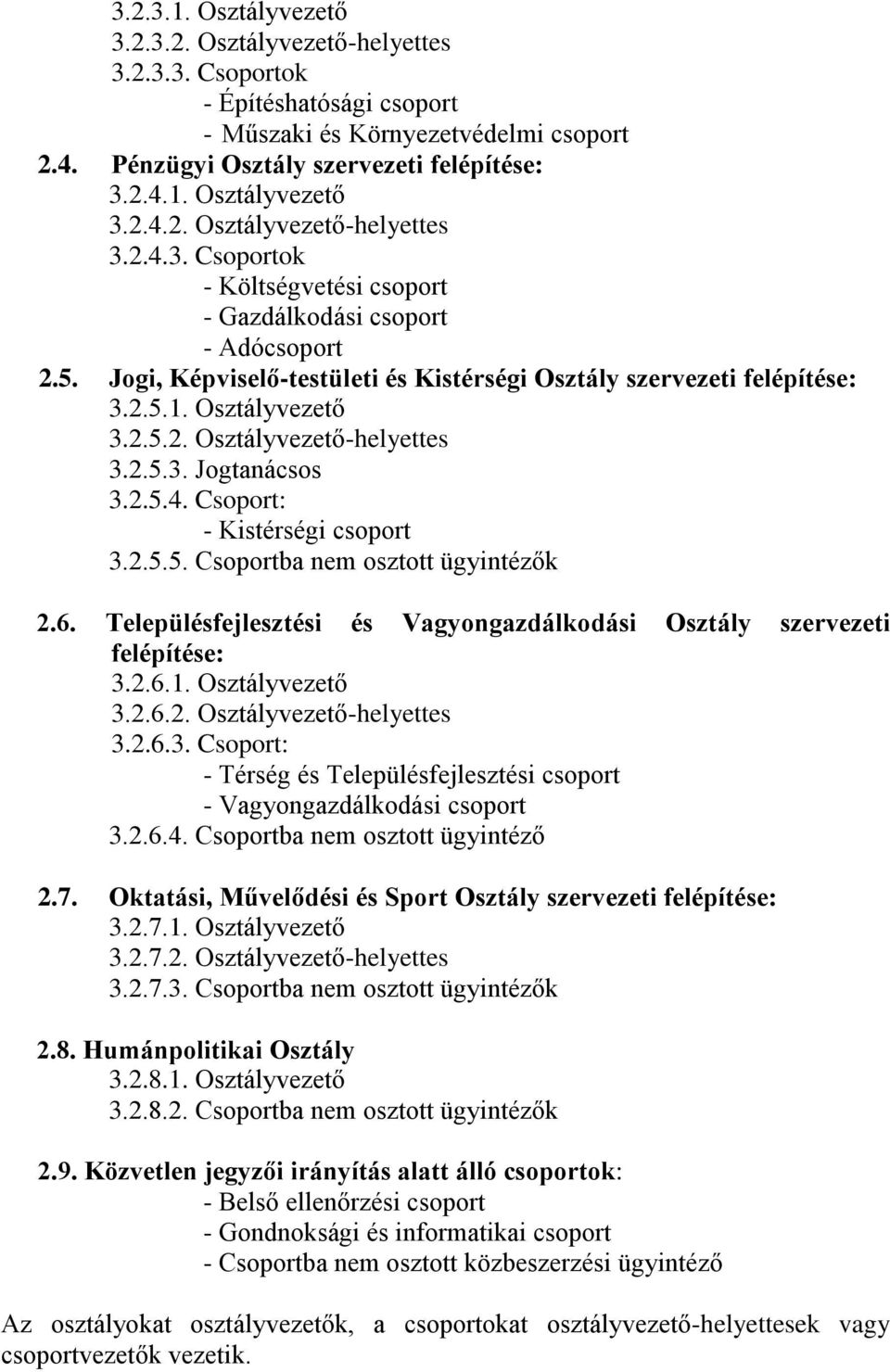 6. Településfejlesztési és Vagyongazdálkodási Osztály szervezeti felépítése: 3.2.6.1. Osztályvezető 3.2.6.2. Osztályvezető-helyettes 3.2.6.3. Csoport: - Térség és Településfejlesztési csoport - Vagyongazdálkodási csoport 3.