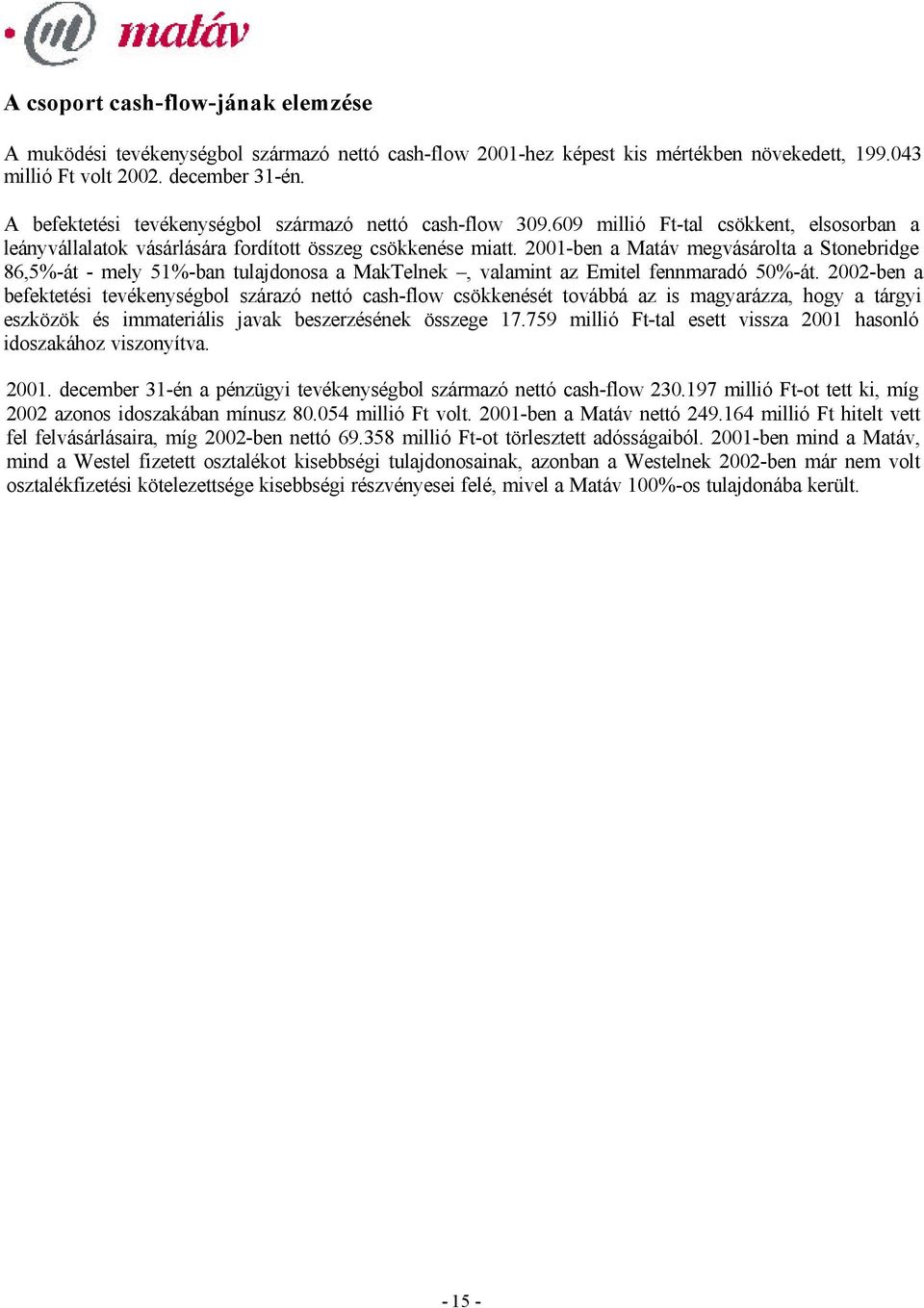 2001-ben a Matáv megvásárolta a Stonebridge 86,5%-át - mely 51%-ban tulajdonosa a MakTelnek, valamint az Emitel fennmaradó 50%-át.