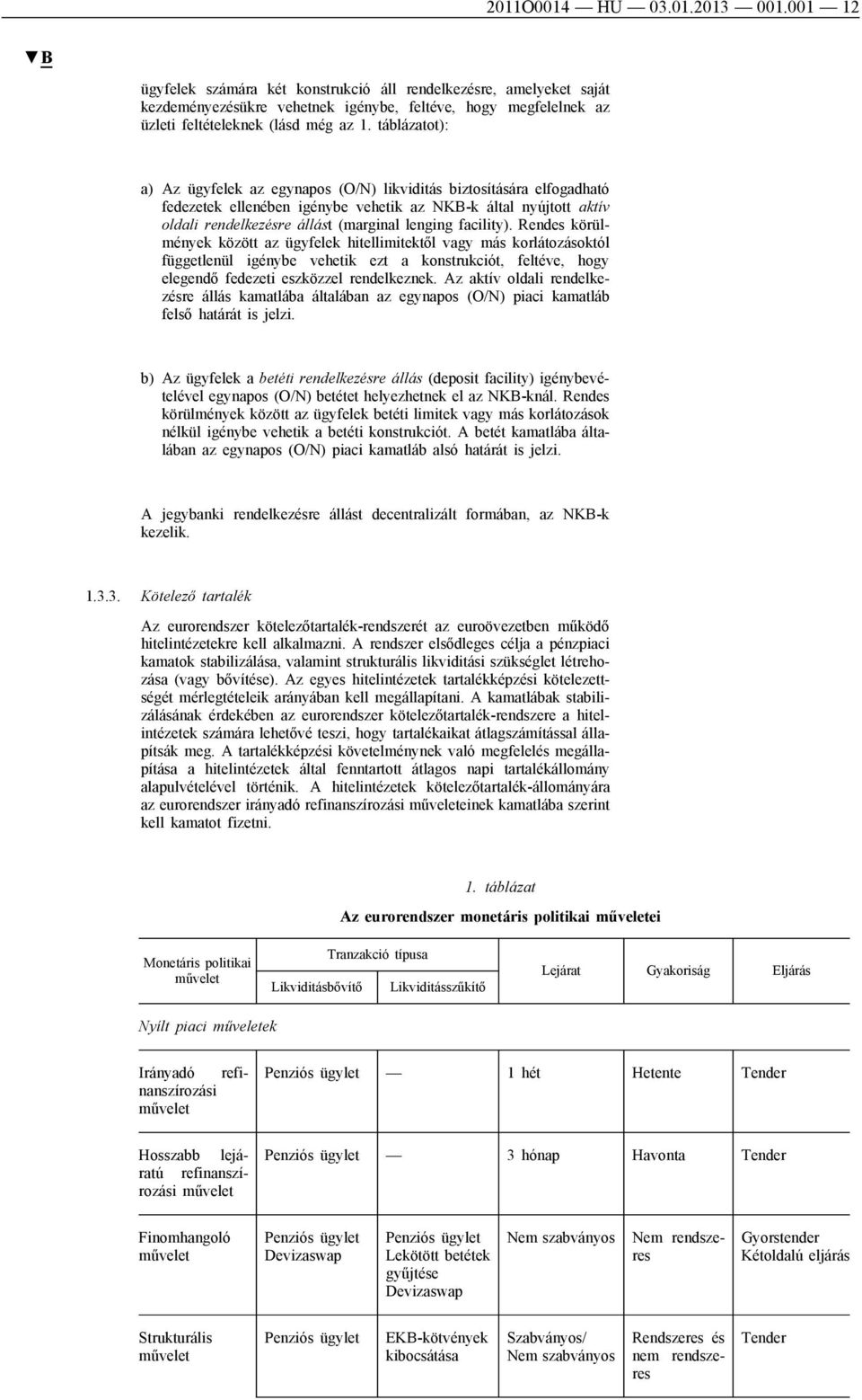 táblázatot): a) Az ügyfelek az egynapos (O/N) likviditás biztosítására elfogadható fedezetek ellenében igénybe vehetik az NKB-k által nyújtott aktív oldali rendelkezésre állást (marginal lenging