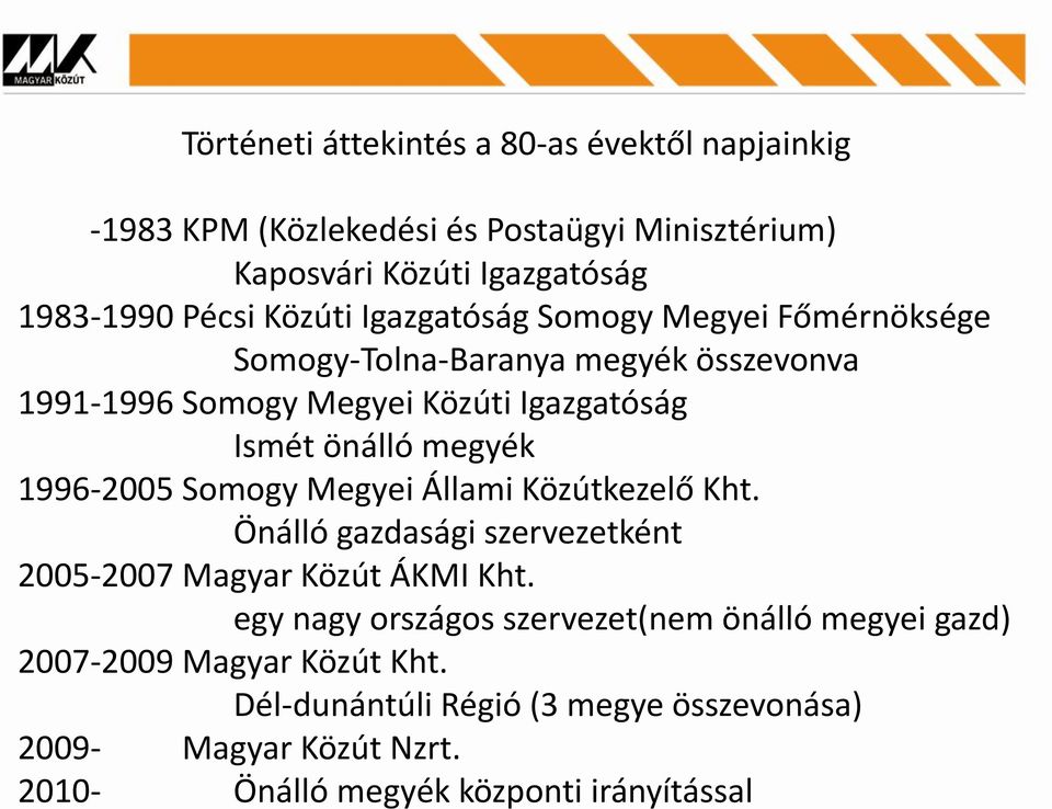1996-2005 Somogy Megyei Állami Közútkezelő Kht. Önálló gazdasági szervezetként 2005-2007 Magyar Közút ÁKMI Kht.