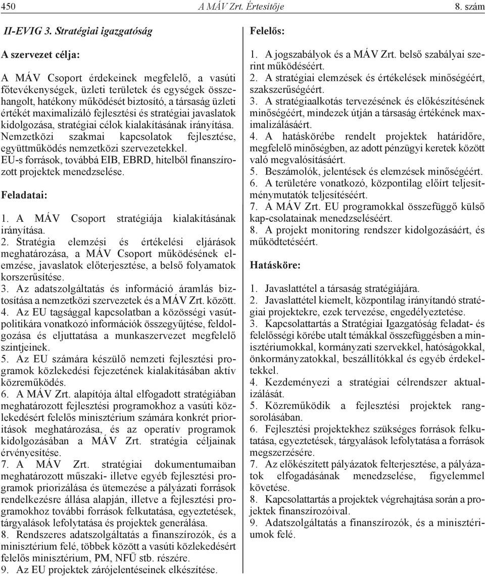 értékét maximalizáló fejlesztési és stratégiai javaslatok kidolgozása, stratégiai célok kialakításának irányítása. Nemzetközi szakmai kapcsolatok fejlesztése, együttműködés nemzetközi szervezetekkel.