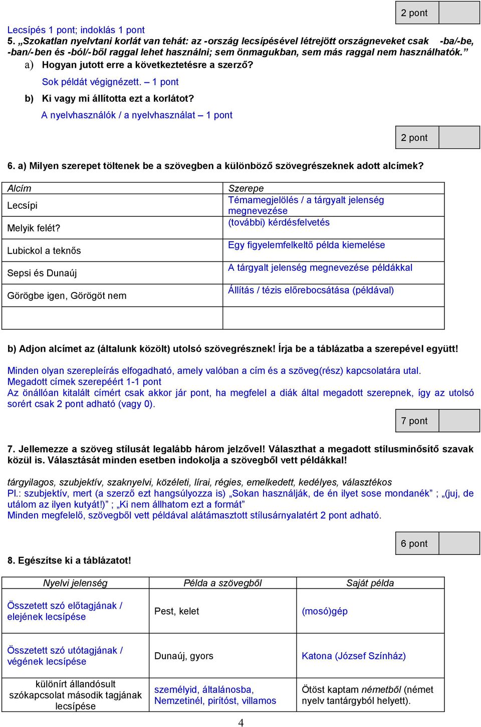 a) Hogyan jutott erre a következtetésre a szerző? Sok példát végignézett. 1 pont b) Ki vagy mi állította ezt a korlátot? A nyelvhasználók / a nyelvhasználat 1 pont 2 pont 6.