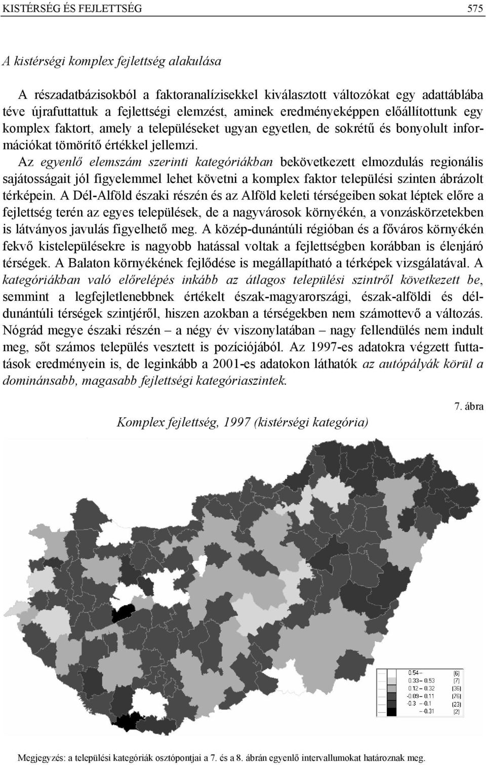 Az egyenlő elemszám szerinti kategóriákban bekövetkezett elmozdulás regionális sajátosságait jól figyelemmel lehet követni a komplex faktor települési szinten ábrázolt térképein.