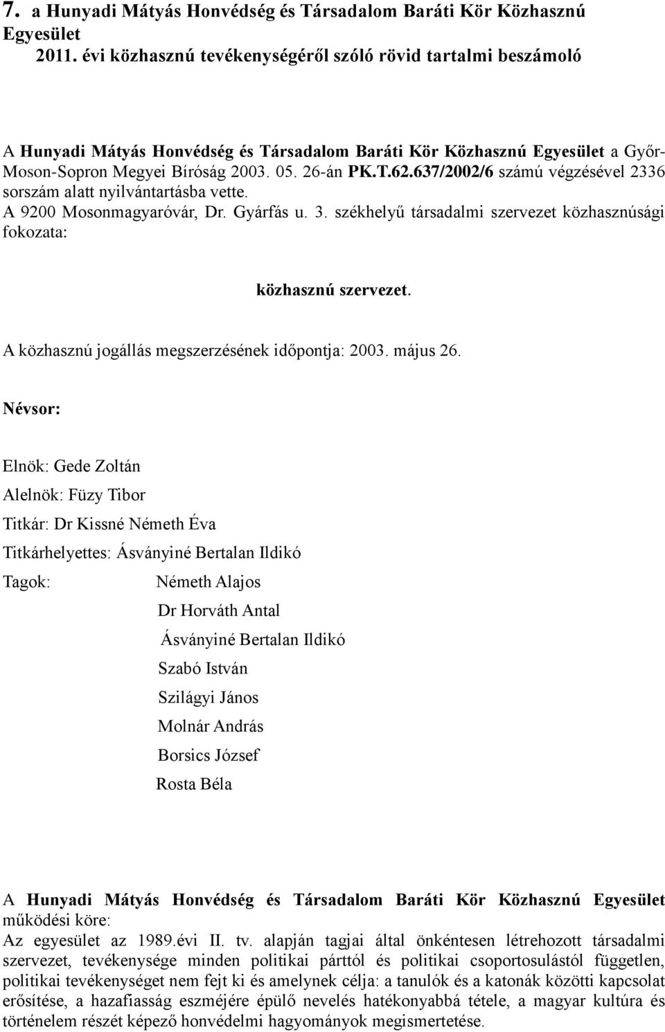 637/2002/6 számú végzésével 2336 sorszám alatt nyilvántartásba vette. A 9200 Mosonmagyaróvár, Dr. Gyárfás u. 3. székhelyű társadalmi szervezet közhasznúsági fokozata: közhasznú szervezet.