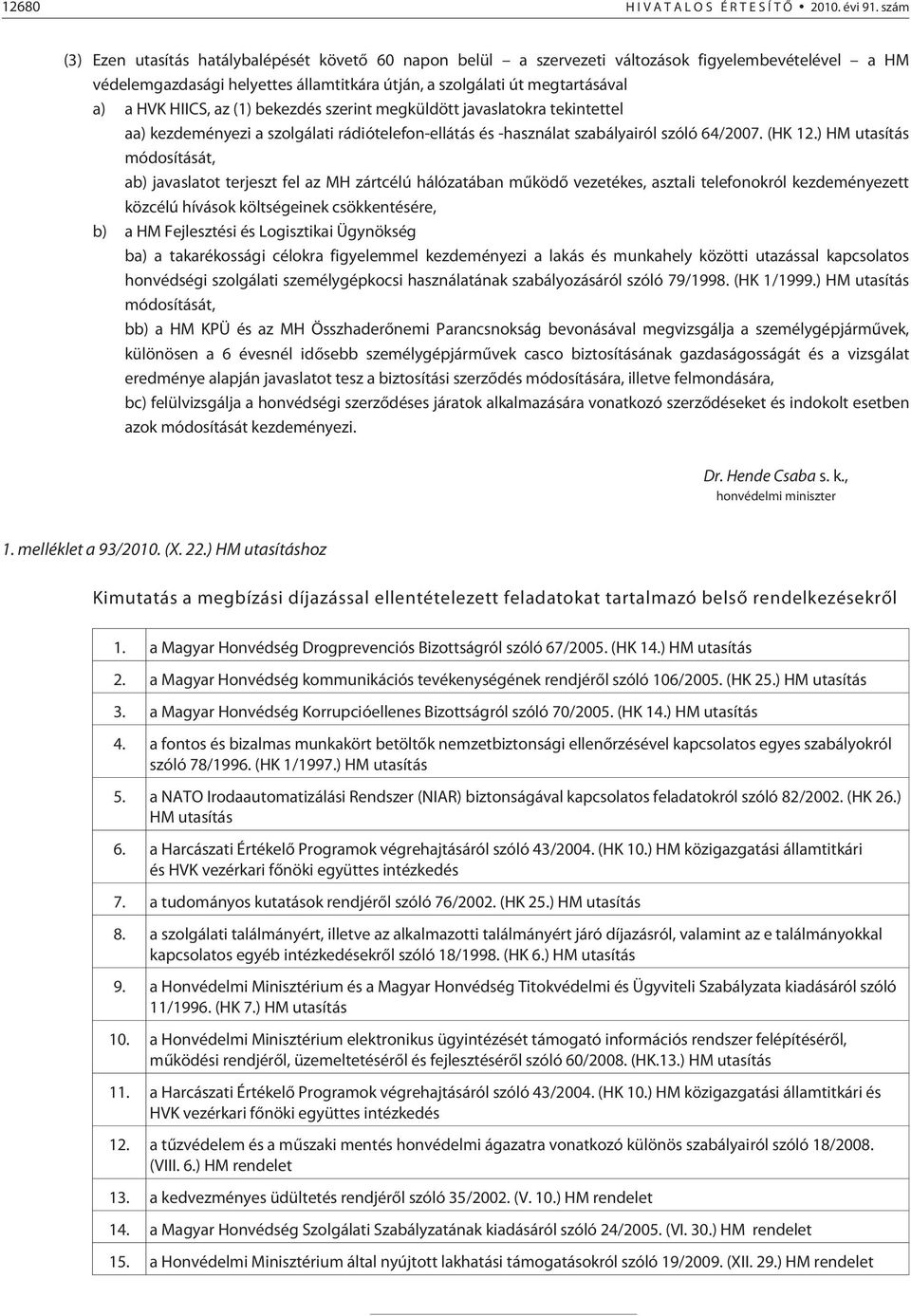 HIICS, az (1) bekezdés szerint megküldött javaslatokra tekintettel aa) kezdeményezi a szolgálati rádiótelefon-ellátás és -használat szabályairól szóló 64/2007. (HK 12.