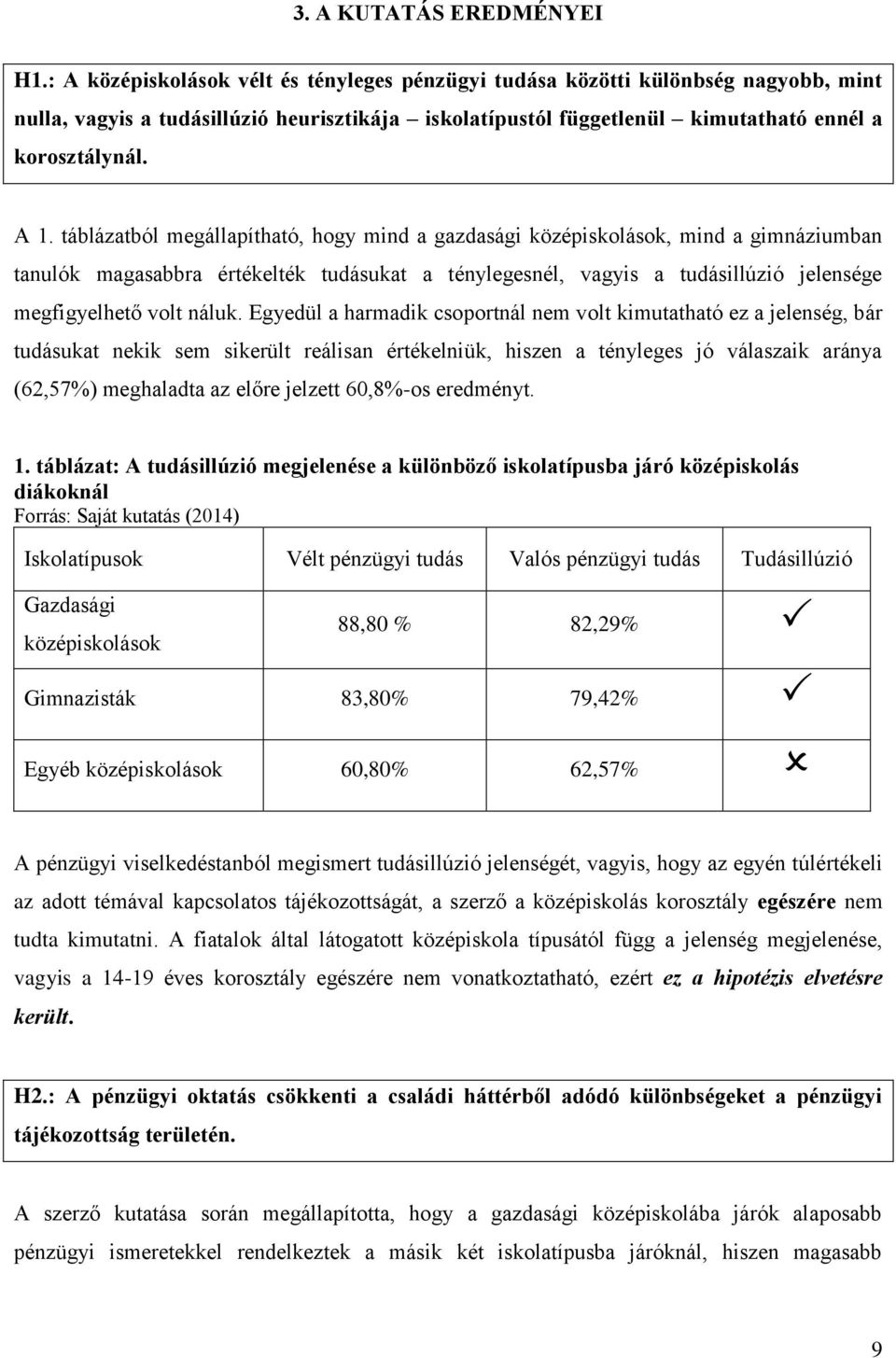 táblázatból megállapítható, hogy mind a gazdasági középiskolások, mind a gimnáziumban tanulók magasabbra értékelték tudásukat a ténylegesnél, vagyis a tudásillúzió jelensége megfigyelhető volt náluk.