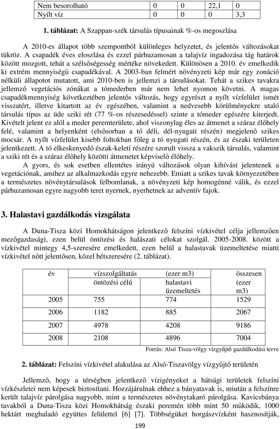 év emelkedik ki extrém mennyiségű csapadékával. A 2003-ban felmért növényzeti kép már egy zonáció nélküli állapotot mutatott, ami 2010-ben is jellemzi a társulásokat.