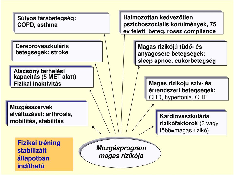 Halmozottan kedvezőtlen pszichoszociális körülmények, 75 év feletti beteg, rossz compliance Magas rizikójú tüdő- és anyagcsere betegségek: