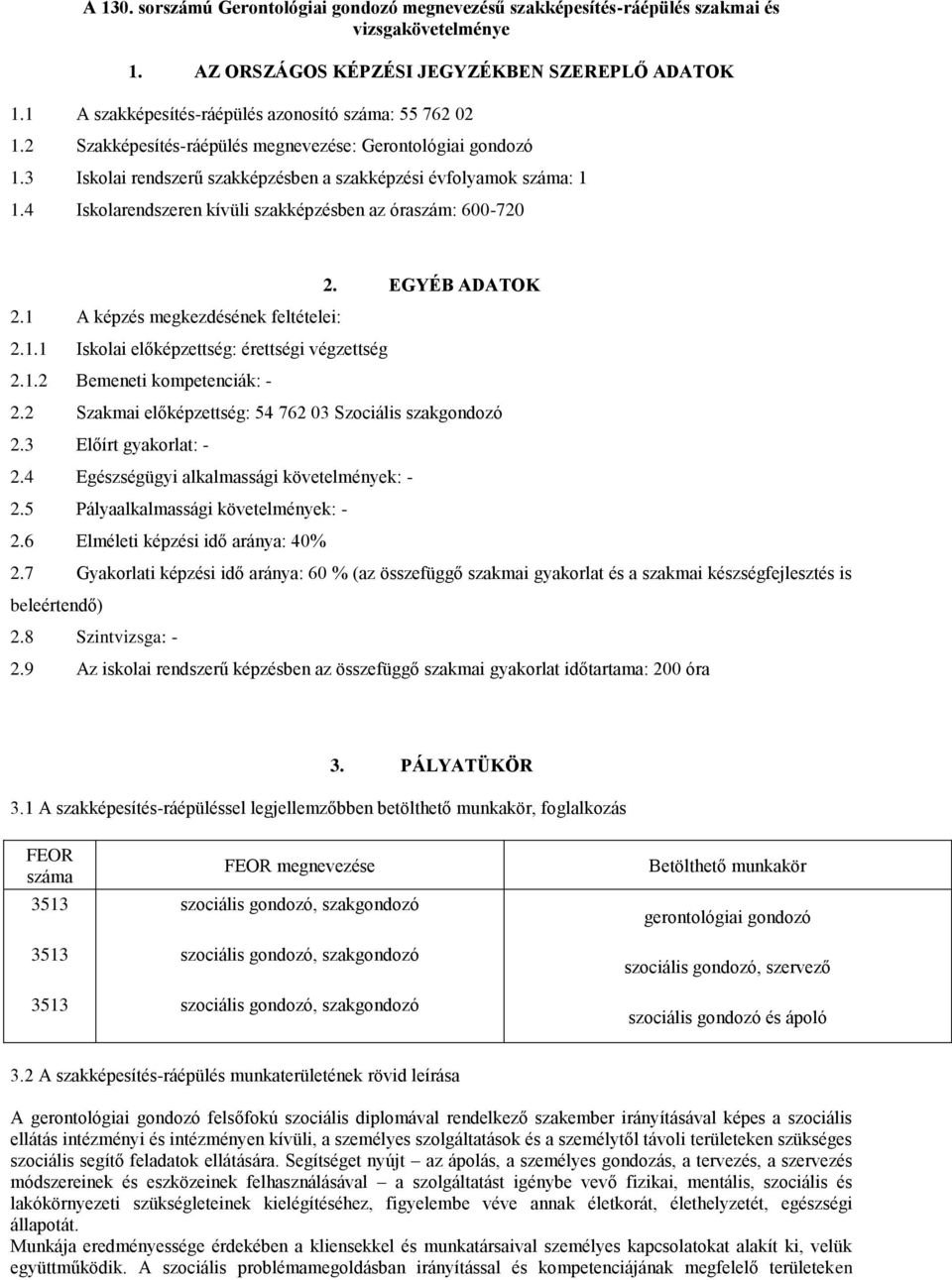 4 Iskolarendszeren kívüli szakképzésben az óraszám: 600-720 2. EGYÉB ADATOK 2.1 A képzés megkezdésének feltételei: 2.1.1 Iskolai előképzettség: érettségi végzettség 2.1.2 Bemeneti kompetenciák: - 2.