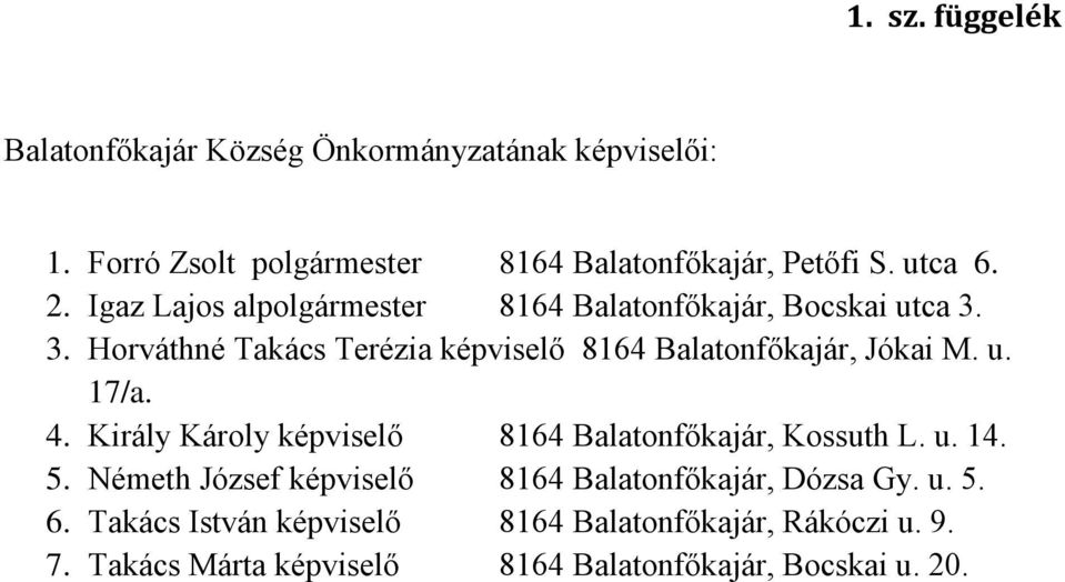 u. 17/a. 4. Király Károly képviselő 8164 Balatonfőkajár, Kossuth L. u. 14. 5. Németh József képviselő 8164 Balatonfőkajár, Dózsa Gy.