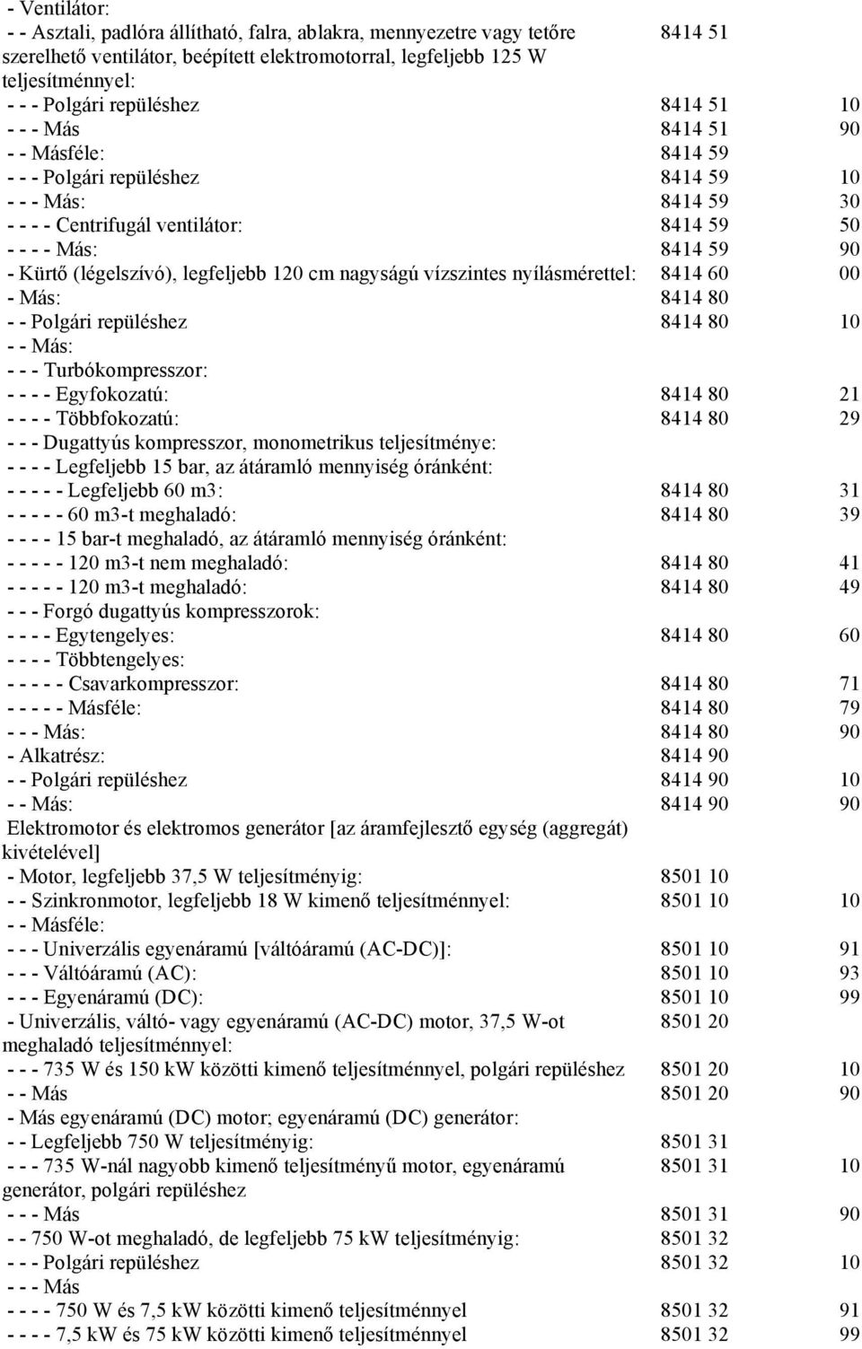 (légelszívó), legfeljebb 120 cm nagyságú vízszintes nyílásmérettel: 8414 60 00 - Más: 8414 80 - - Polgári repüléshez 8414 80 10 - - Más: - - - Turbókompresszor: - - - - Egyfokozatú: 8414 80 21 - - -