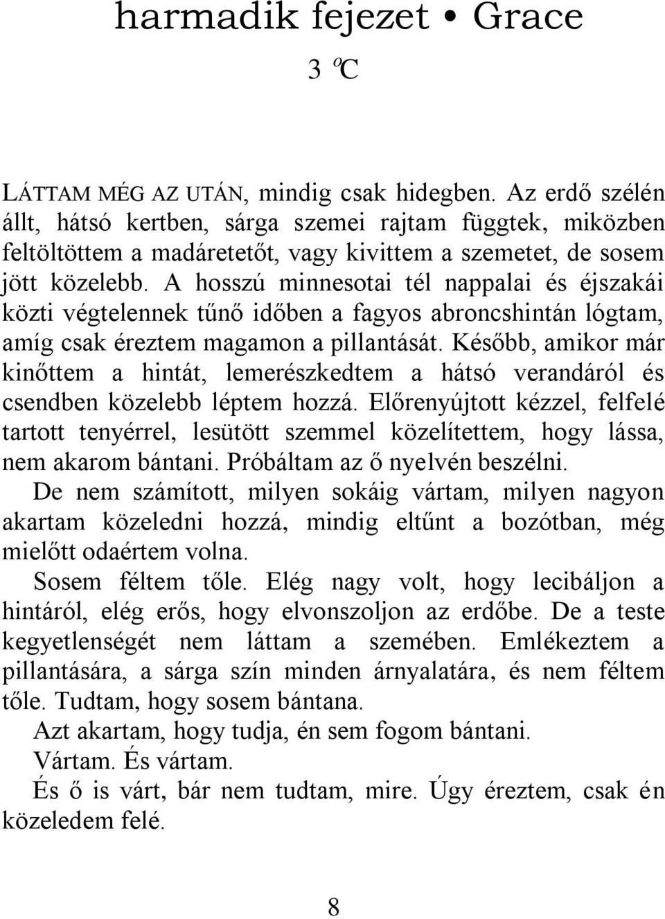 A hosszú minnesotai tél nappalai és éjszakái közti végtelennek tűnő időben a fagyos abroncshintán lógtam, amíg csak éreztem magamon a pillantását.