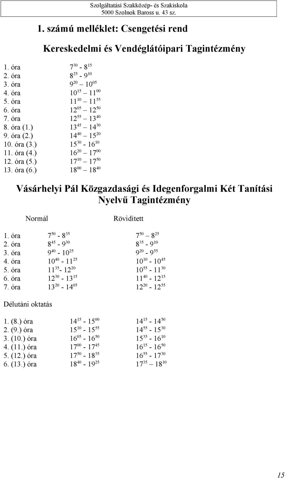 ) 18 00 18 40 Vásárhelyi Pál Közgazdasági és Idegenforgalmi Két Tanítási Nyelvű Tagintézmény Normál Rövidített 1. óra 7 50-8 35 7 50 8 25 2. óra 8 45-9 30 8 35-9 10 3. óra 9 40-10 25 9 20-9 55 4.