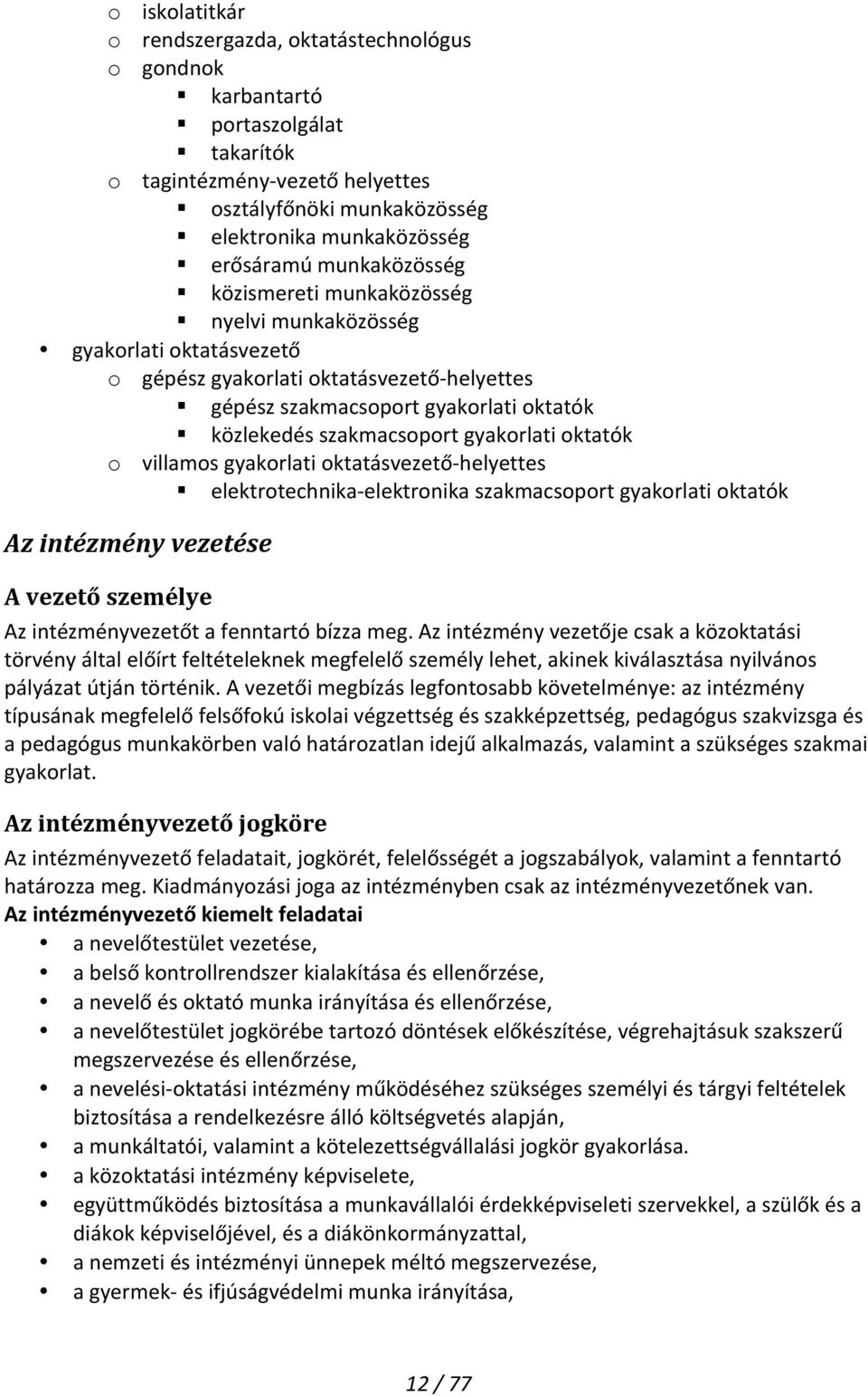 gyakorlati oktatók o villamos gyakorlati oktatásvezető- helyettes elektrotechnika- elektronika szakmacsoport gyakorlati oktatók Az intézmény vezetése A vezető személye Az intézményvezetőt a fenntartó