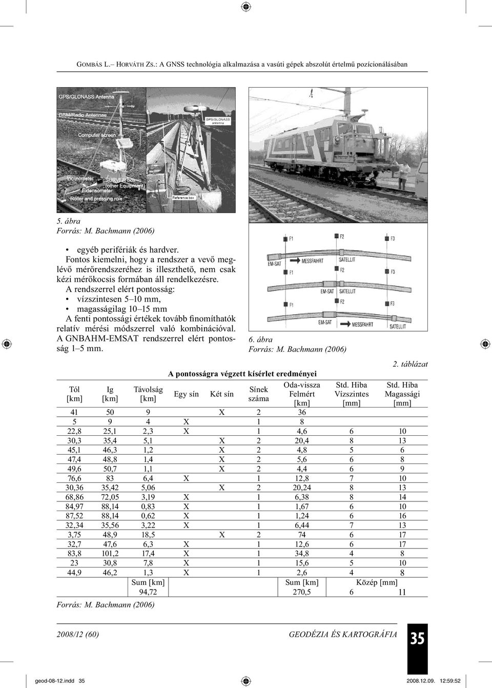 A GNBAHM-EMSAT rendszerrel elért pontosság 1 5 mm. Tól [km] Ig [km] Távolság [km] A pontosságra végzett kísérlet eredményei Egy sín Két sín Sínek száma Oda-vissza Felmért [km] Std.